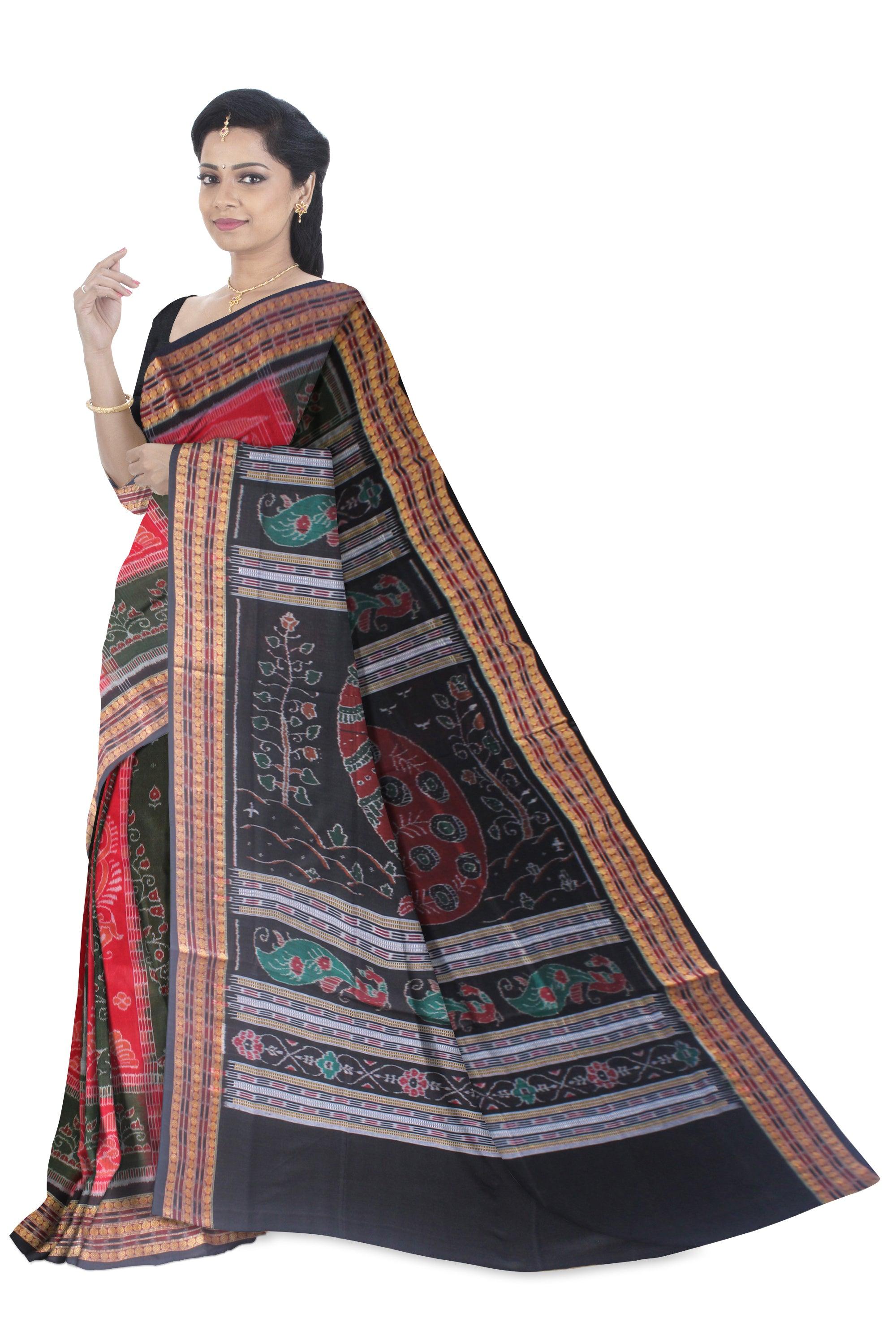 NEW TERRACOTTA PEACOCK AND TREE DESIGN SAMBALPURI COTTON SAREE IN RED,GREEN AND BLACK COLOR, AVAILABLE WITH BLOUSE PIECE. - Koshali Arts & Crafts Enterprise