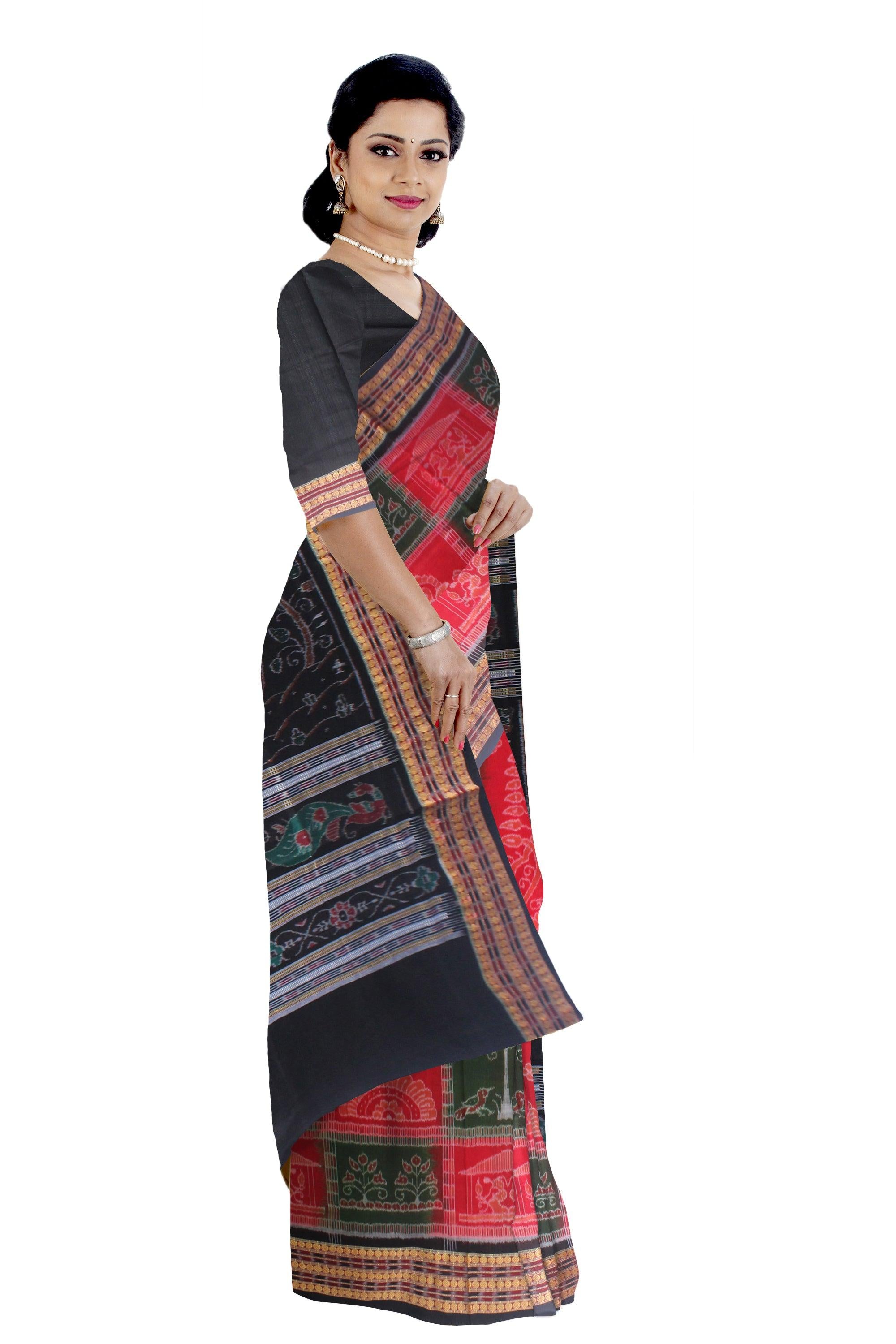 NEW TERRACOTTA PEACOCK AND TREE DESIGN SAMBALPURI COTTON SAREE IN RED,GREEN AND BLACK COLOR, AVAILABLE WITH BLOUSE PIECE. - Koshali Arts & Crafts Enterprise