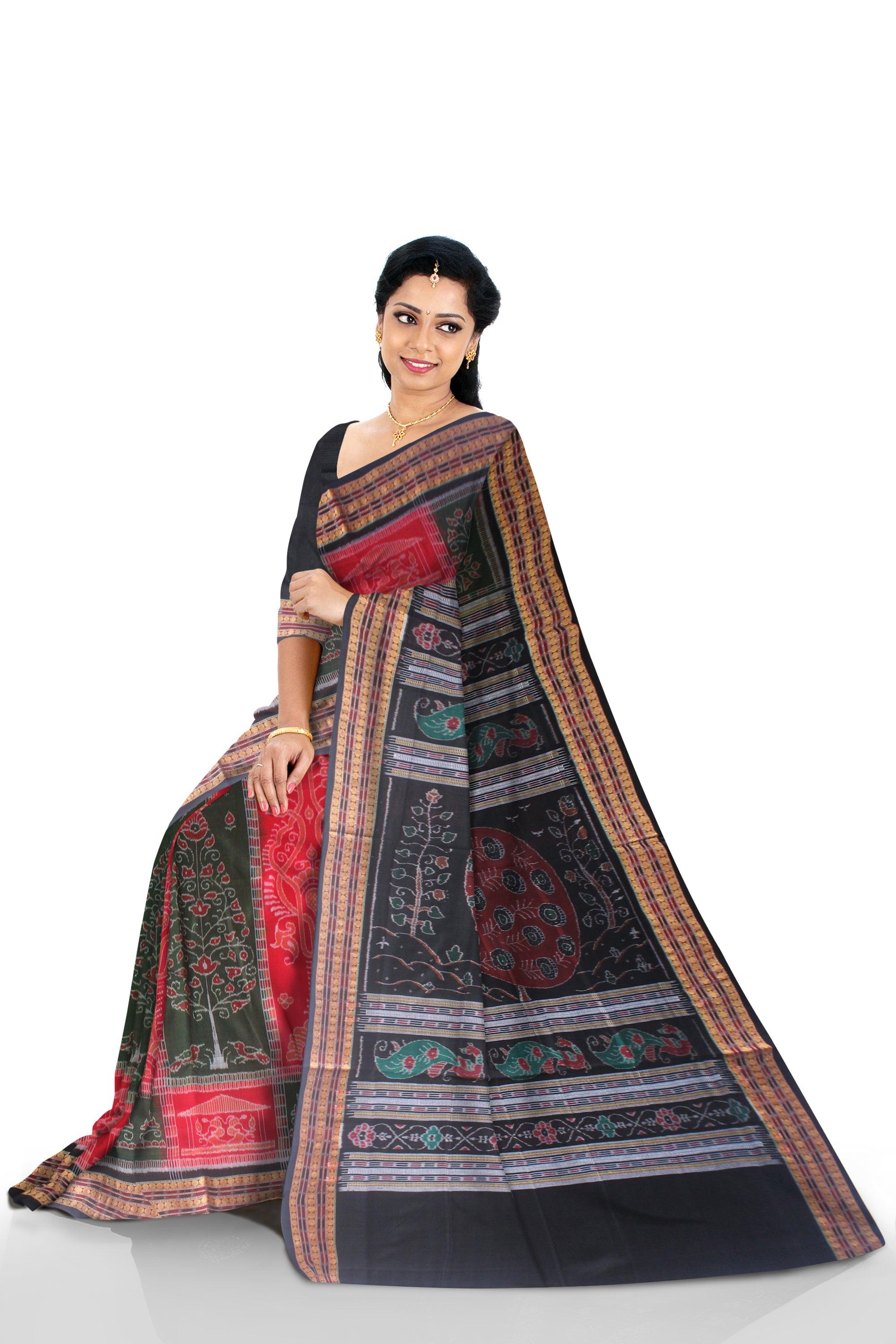 NEW TERRACOTTA PEACOCK AND TREE DESIGN SAMBALPURI COTTON SAREE IN RED,GREEN AND BLACK COLOR, AVAILABLE WITH BLOUSE PIECE. - Koshali Arts & Crafts Enterprise