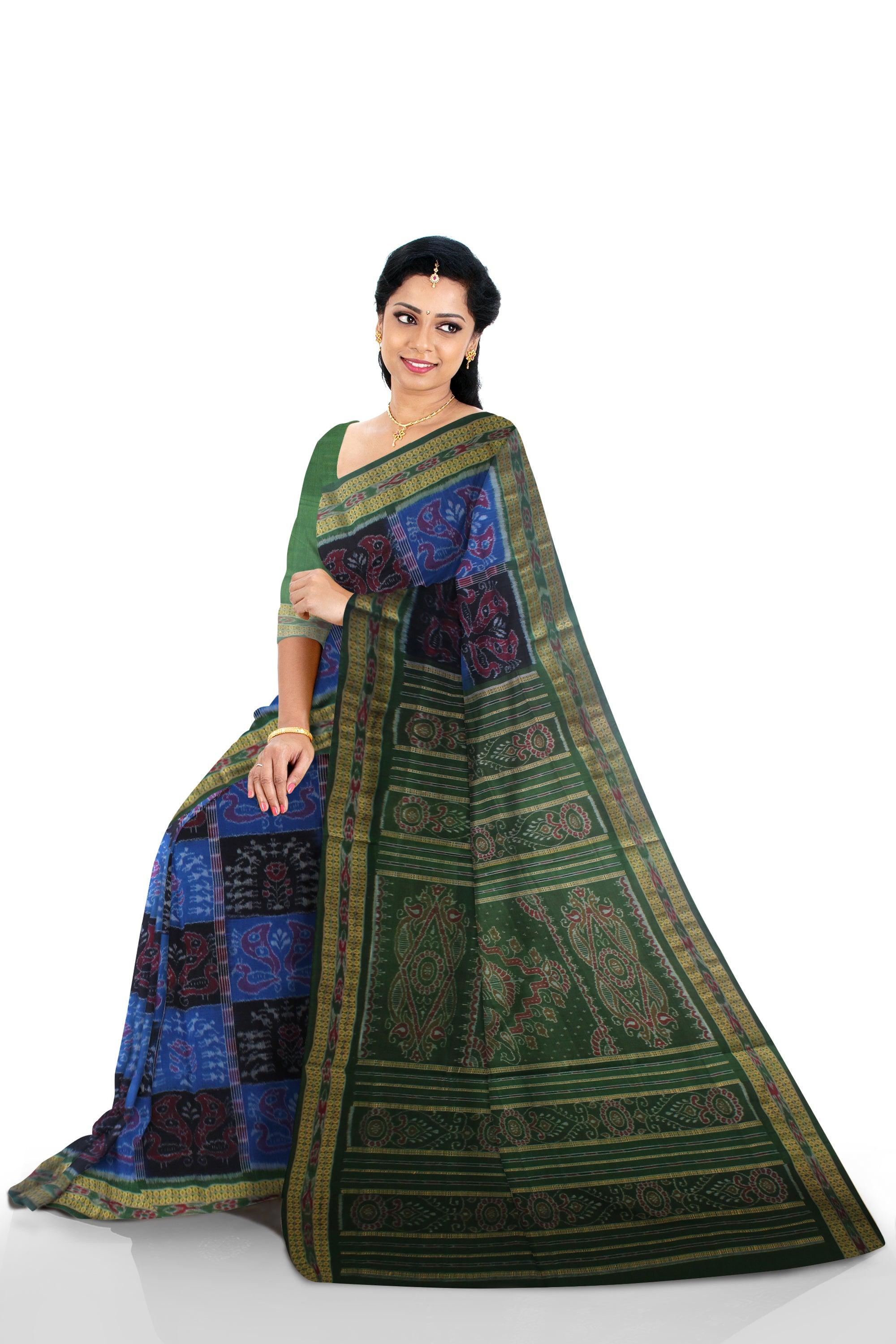 LATEST TERRACOTTA PEACOCK DESIGN IN BLACK, BLUE AND GREEN COLOUR COTTON SAREE AVAILABLE WITH BLOUSE PIECE. - Koshali Arts & Crafts Enterprise
