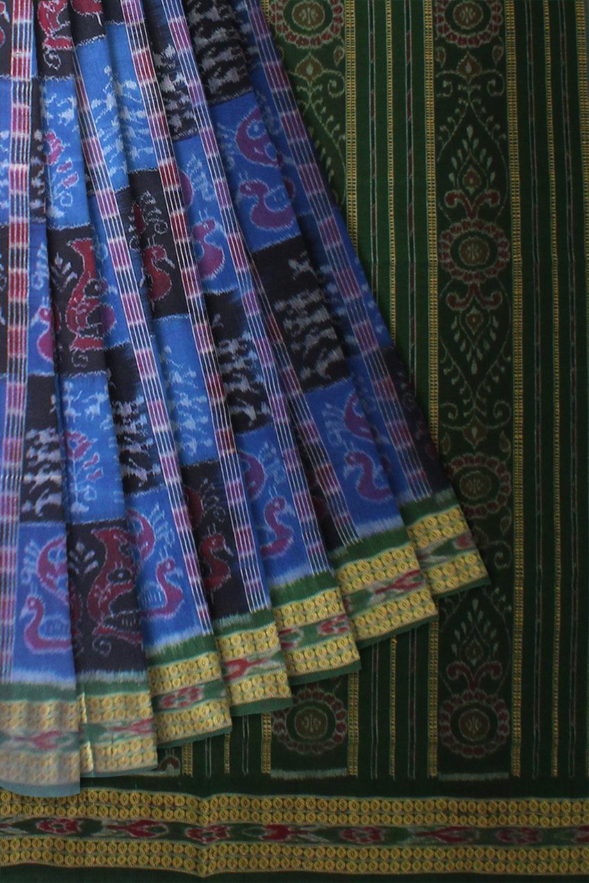 LATEST TERRACOTTA PEACOCK DESIGN IN BLACK, BLUE AND GREEN COLOUR COTTON SAREE AVAILABLE WITH BLOUSE PIECE. - Koshali Arts & Crafts Enterprise