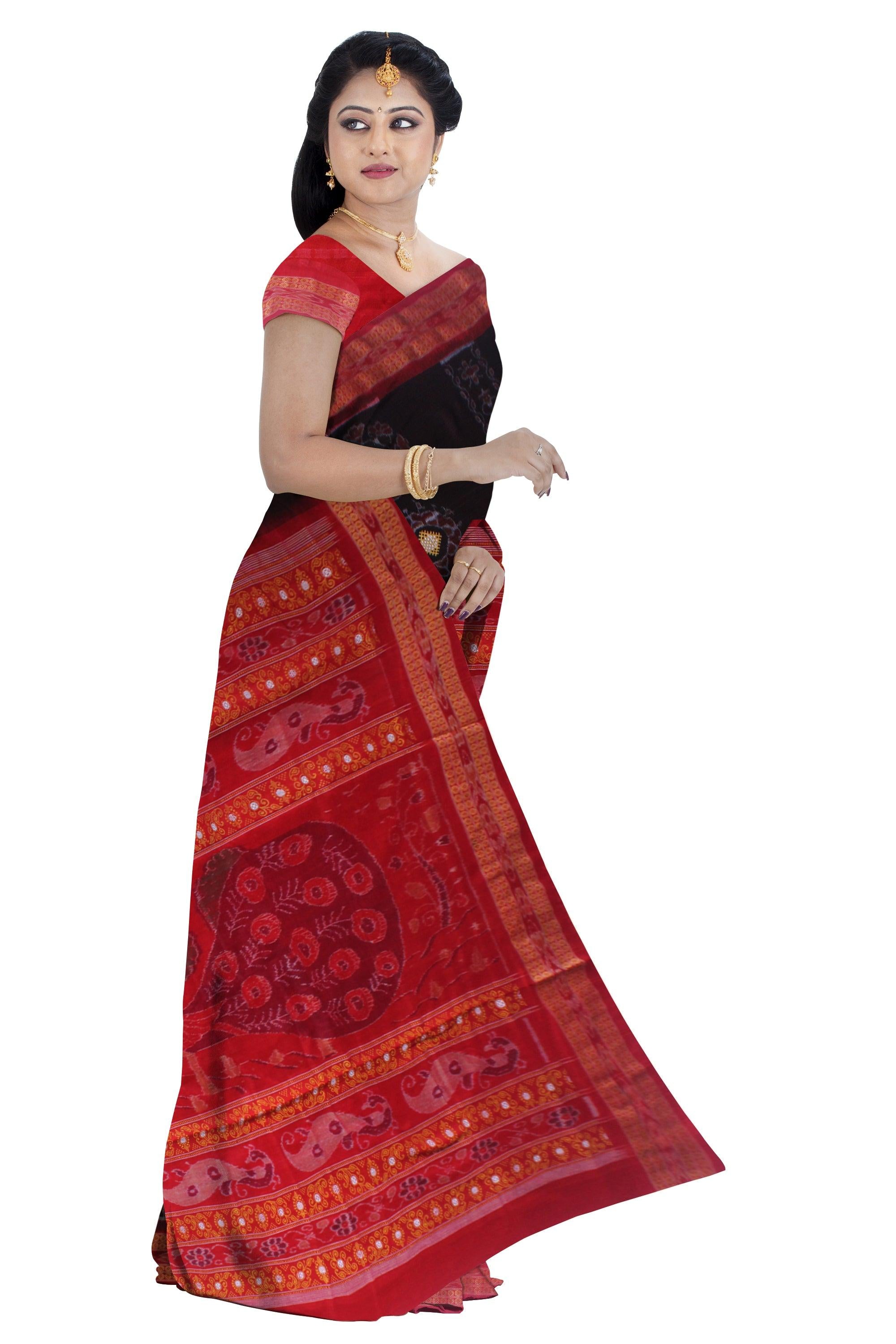 NEW DESIGN PEACOCK AND FLOWER BASED COTTON SAREE IN BLACK AND RED COLOR, AVAILABLE WITH BLOUSE. - Koshali Arts & Crafts Enterprise