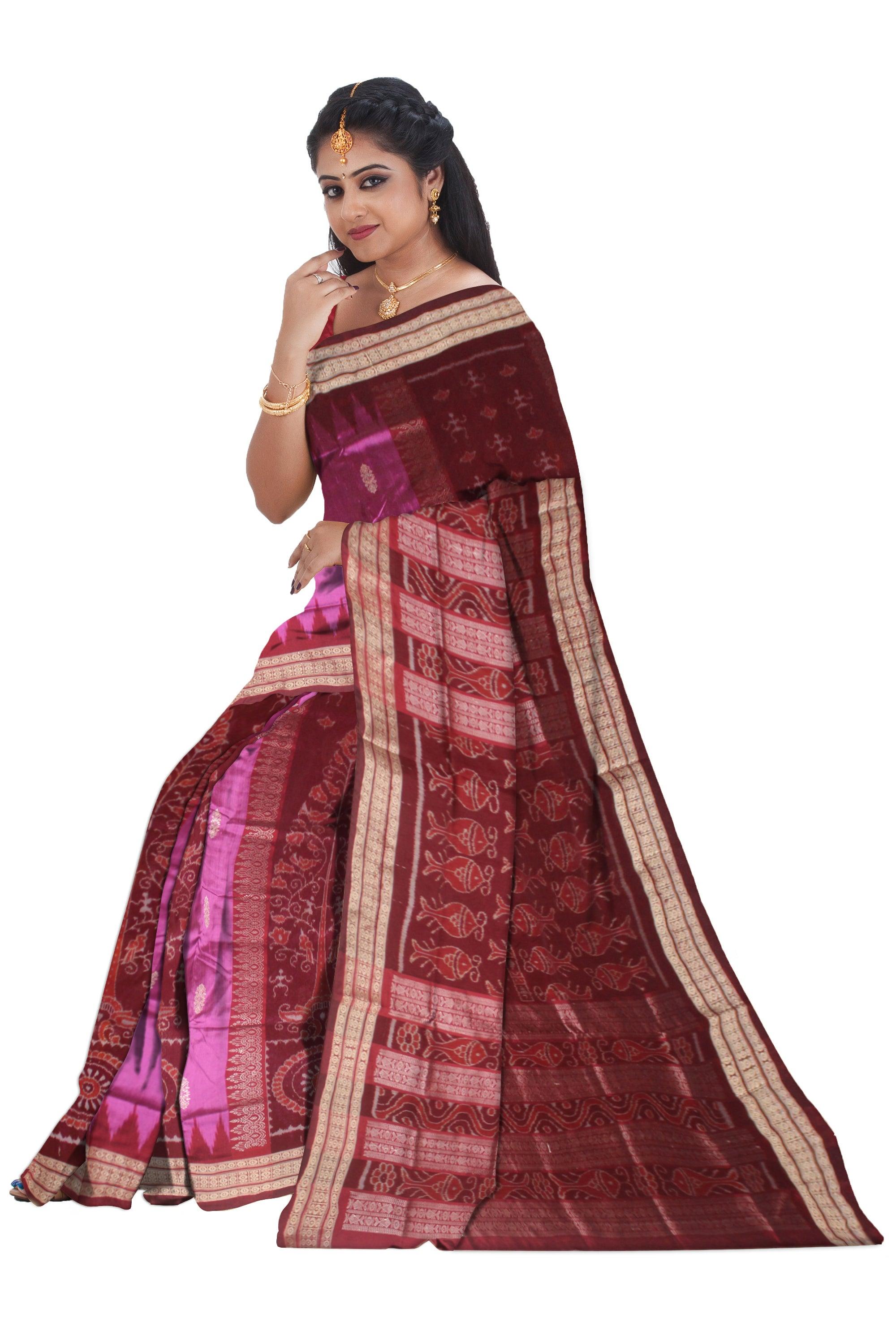 Pink Color  Mix Pata saree in bomkai pattern and Flower in Body  with blouse piece. - Koshali Arts & Crafts Enterprise