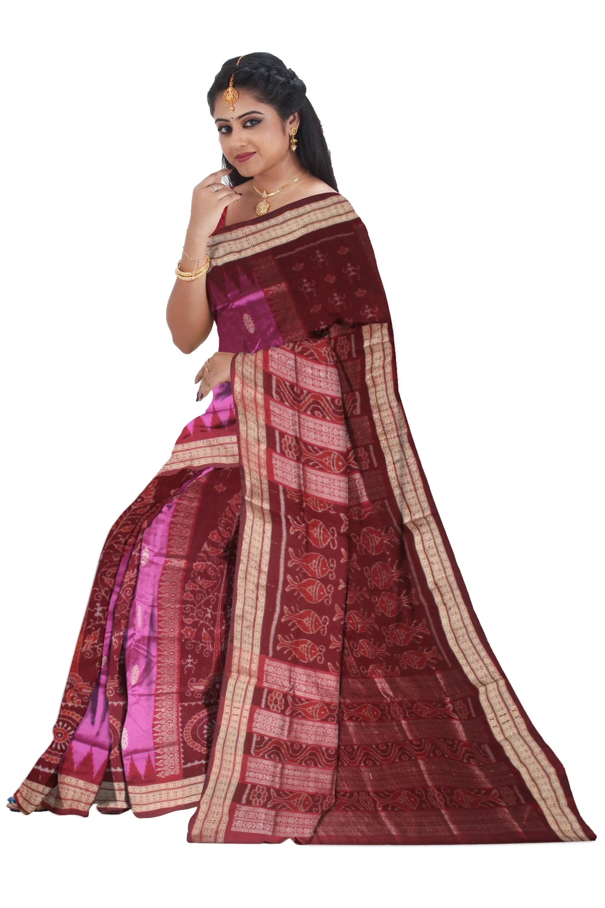 Pink Color Mix Pata saree in bomkai pattern and Flower in Body with blouse piece. - Koshali Arts & Crafts Enterprise
