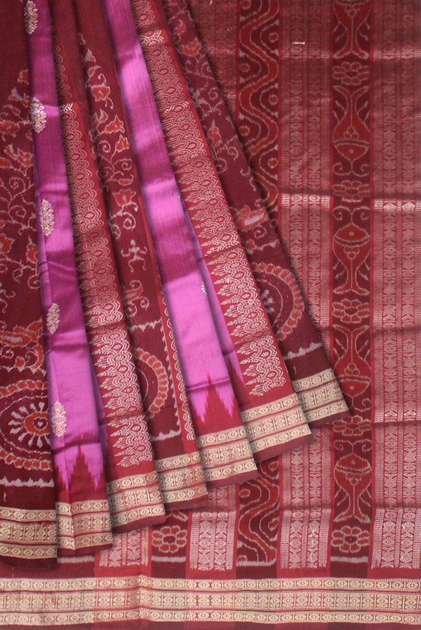 Pink Color Mix Pata saree in bomkai pattern and Flower in Body with blouse piece. - Koshali Arts & Crafts Enterprise