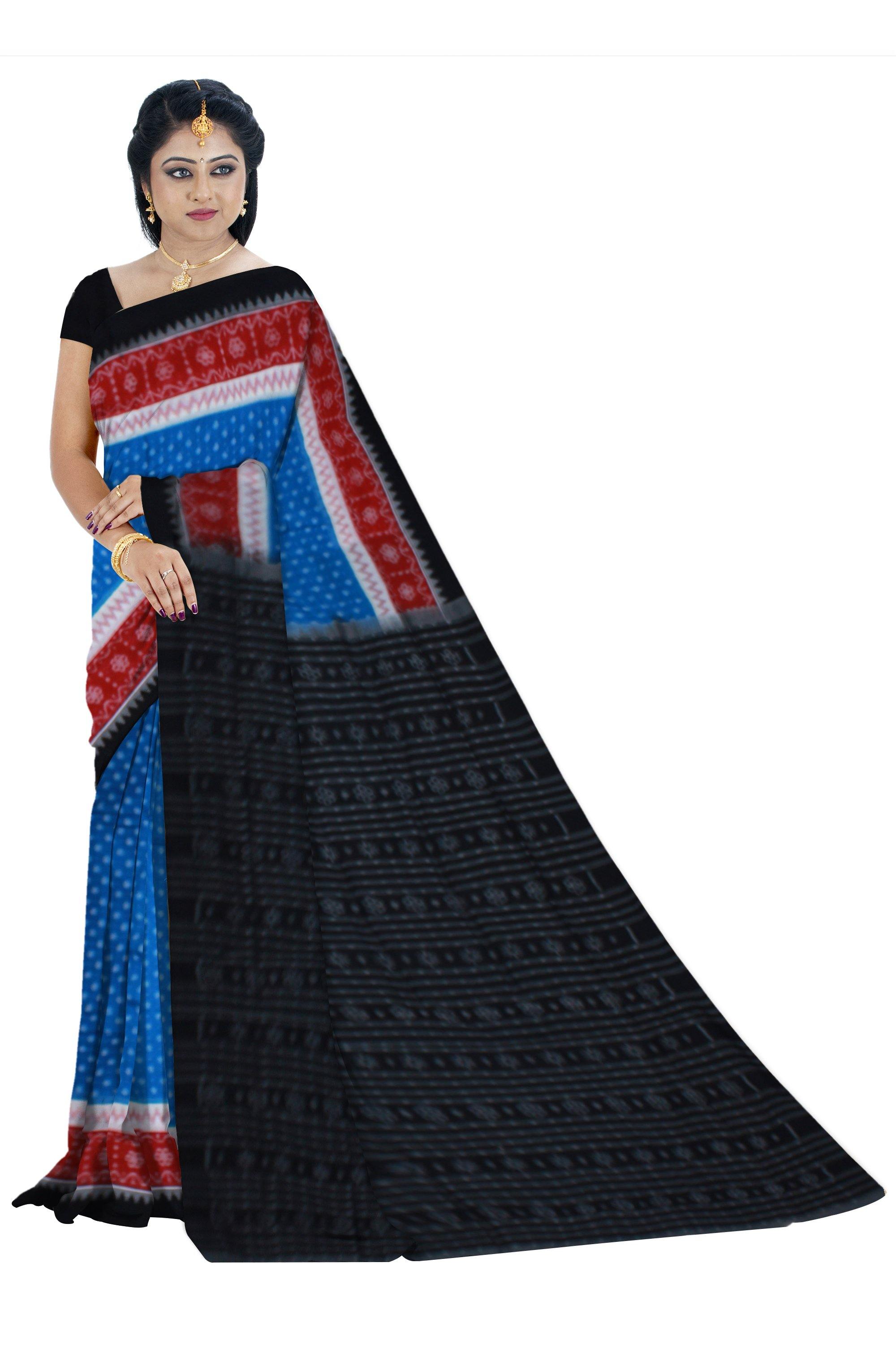 Sambalpuri butti pattern cotton saree in blue color with blouse piece - Koshali Arts & Crafts Enterprise