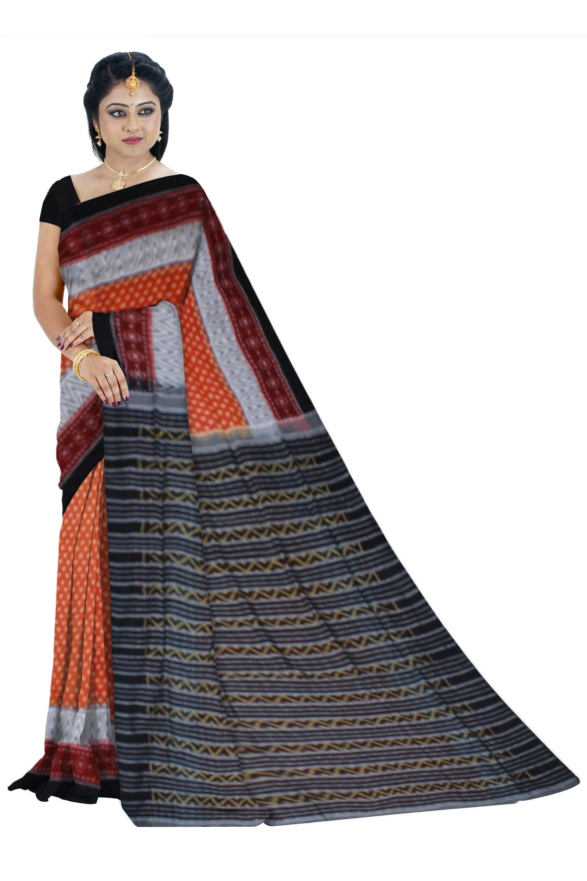 Sambalpuri butti pattern cotton saree in Orange color with blouse piece - Koshali Arts & Crafts Enterprise