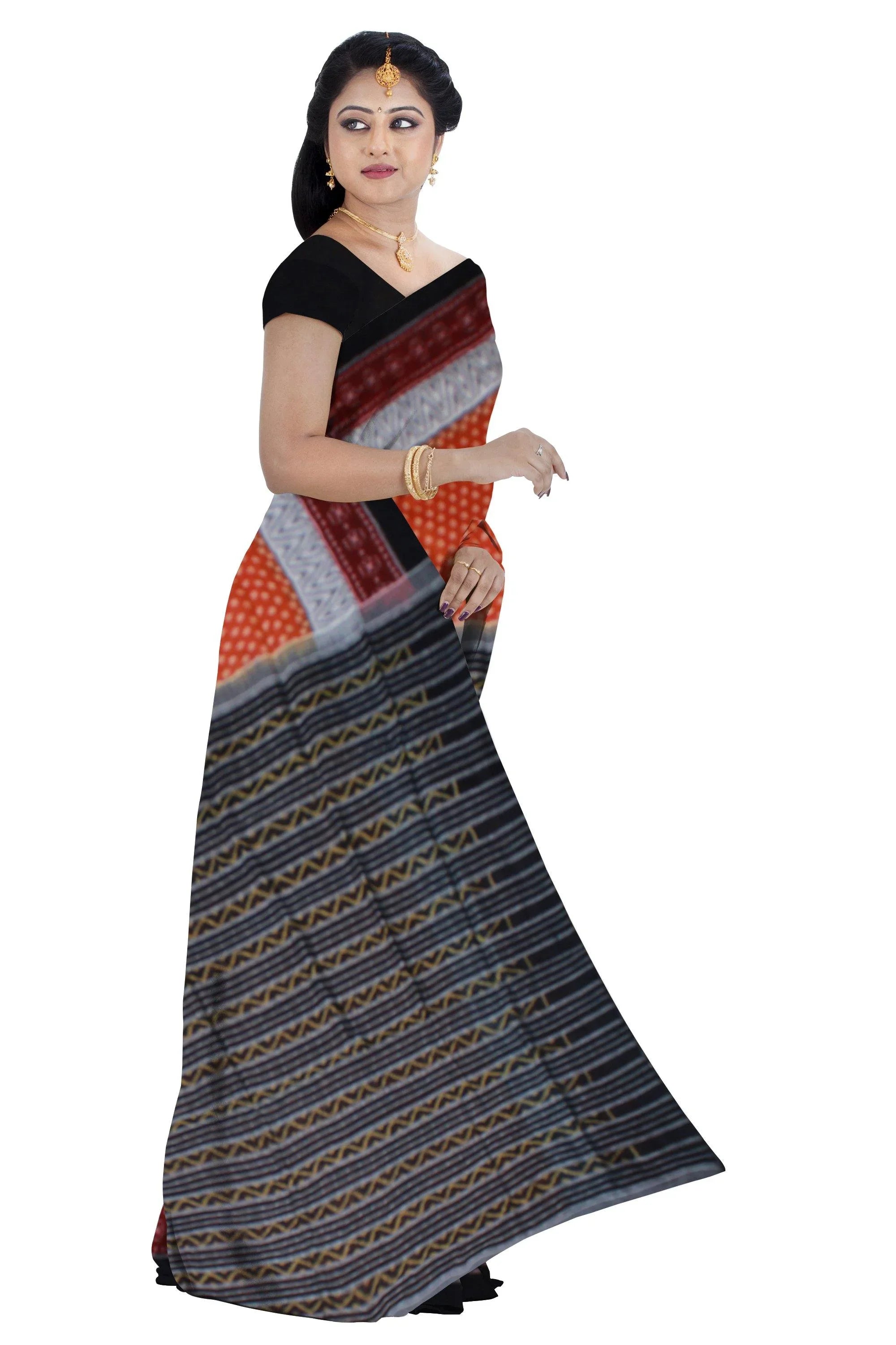 Sambalpuri butti pattern cotton saree in Orange color with blouse piece - Koshali Arts & Crafts Enterprise
