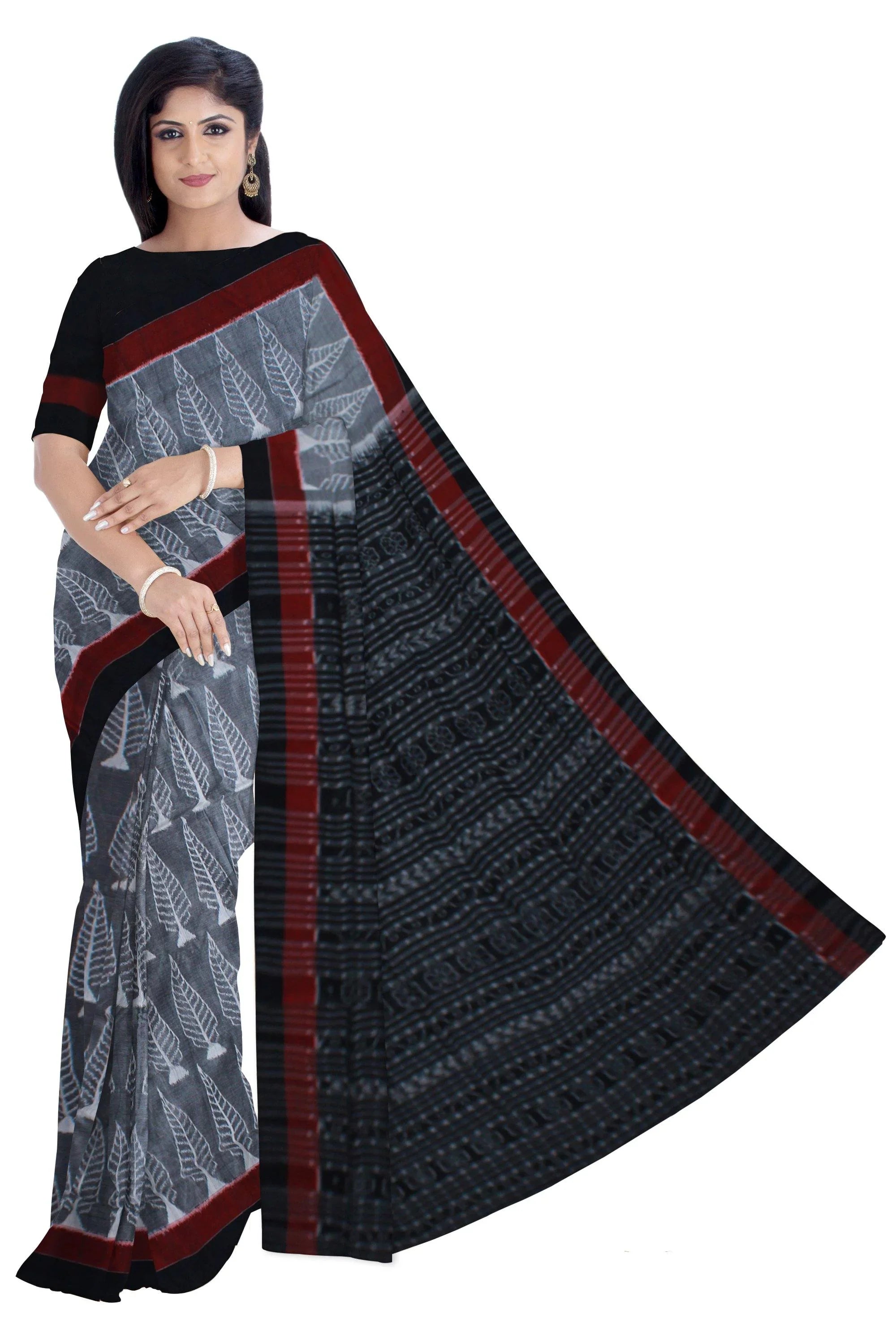 Grey color leaf pattern Sambalpuri saree with blouse piece. - Koshali Arts & Crafts Enterprise