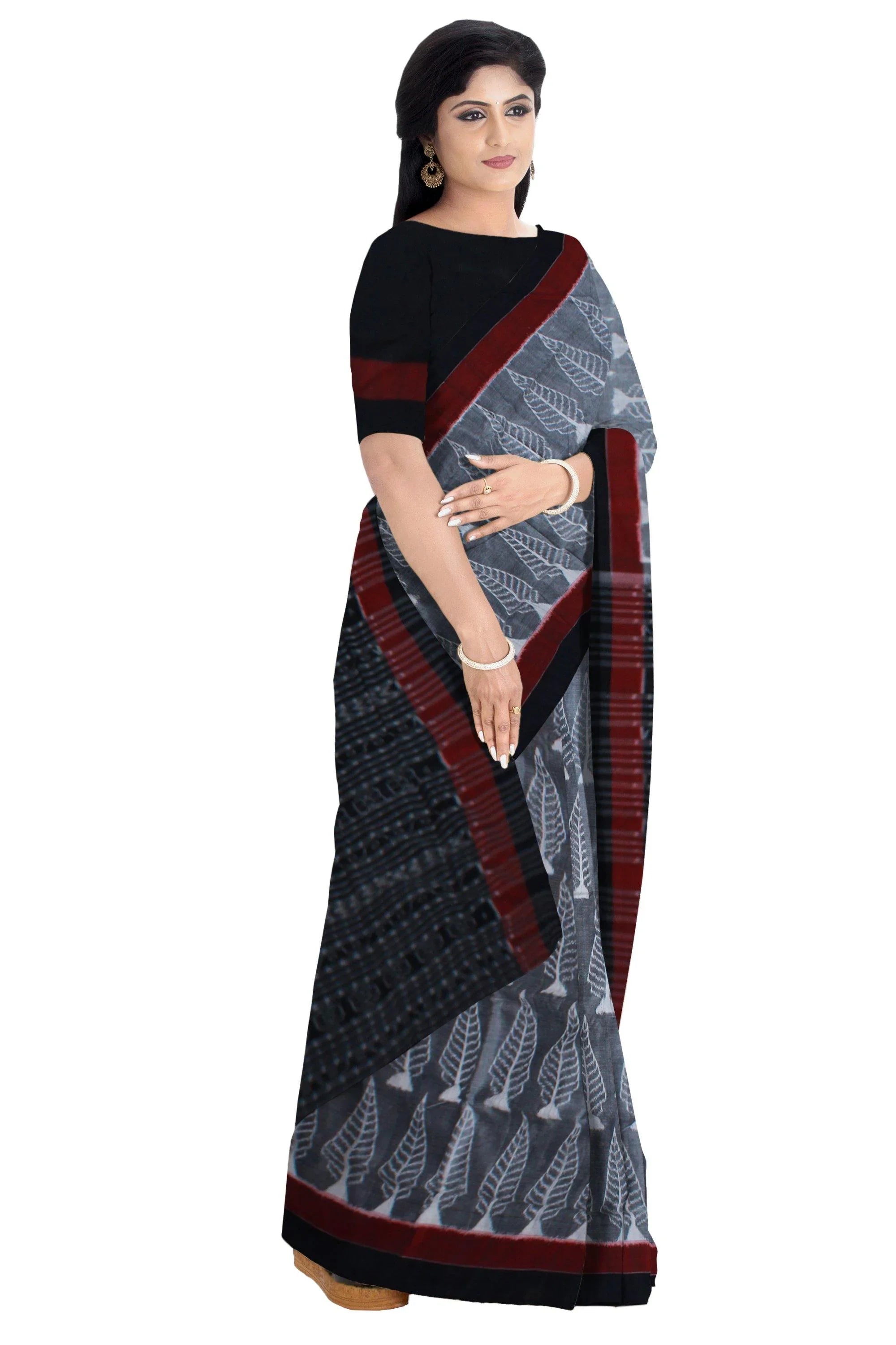 Grey color leaf pattern Sambalpuri saree with blouse piece. - Koshali Arts & Crafts Enterprise