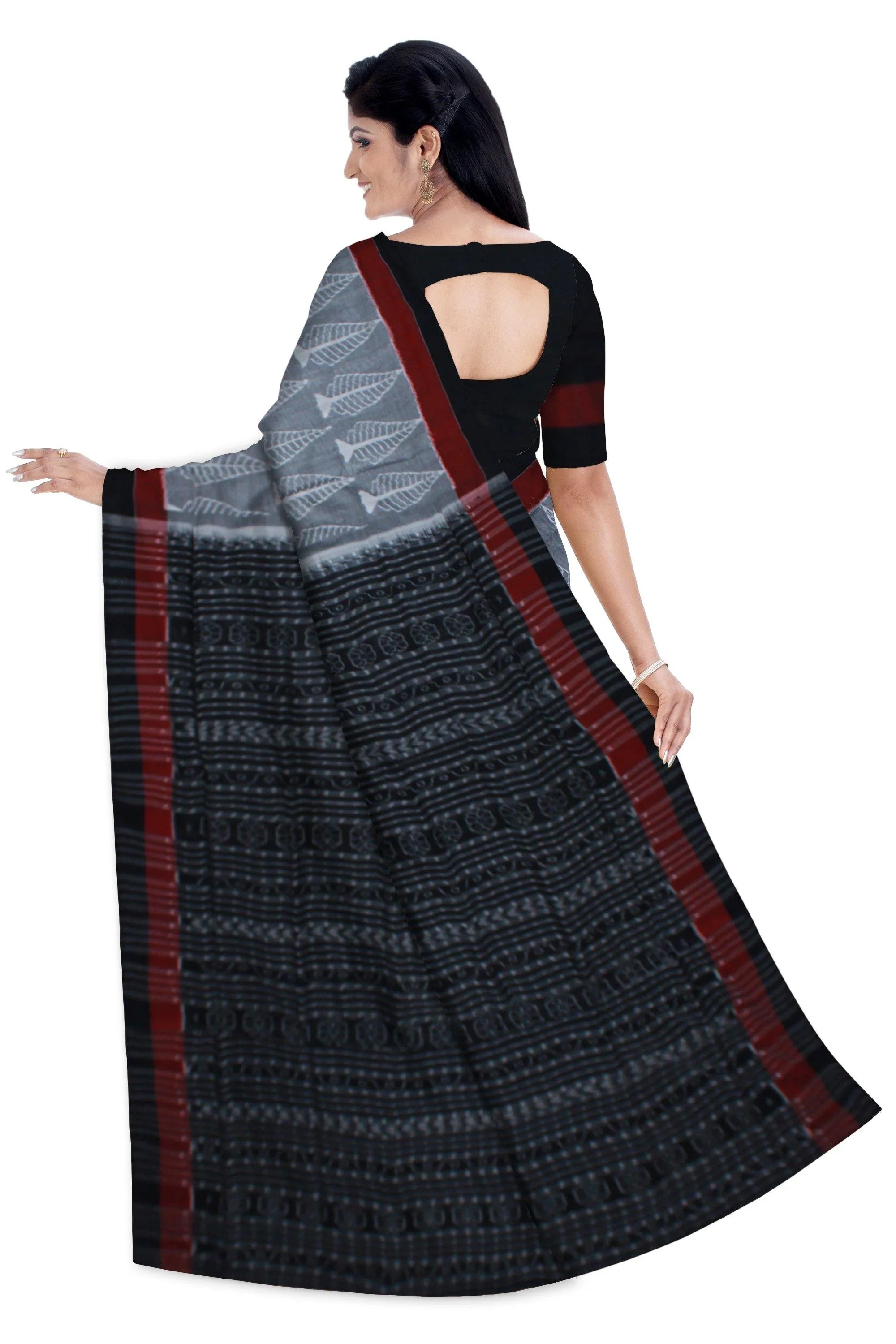 Grey color leaf pattern Sambalpuri saree with blouse piece. - Koshali Arts & Crafts Enterprise