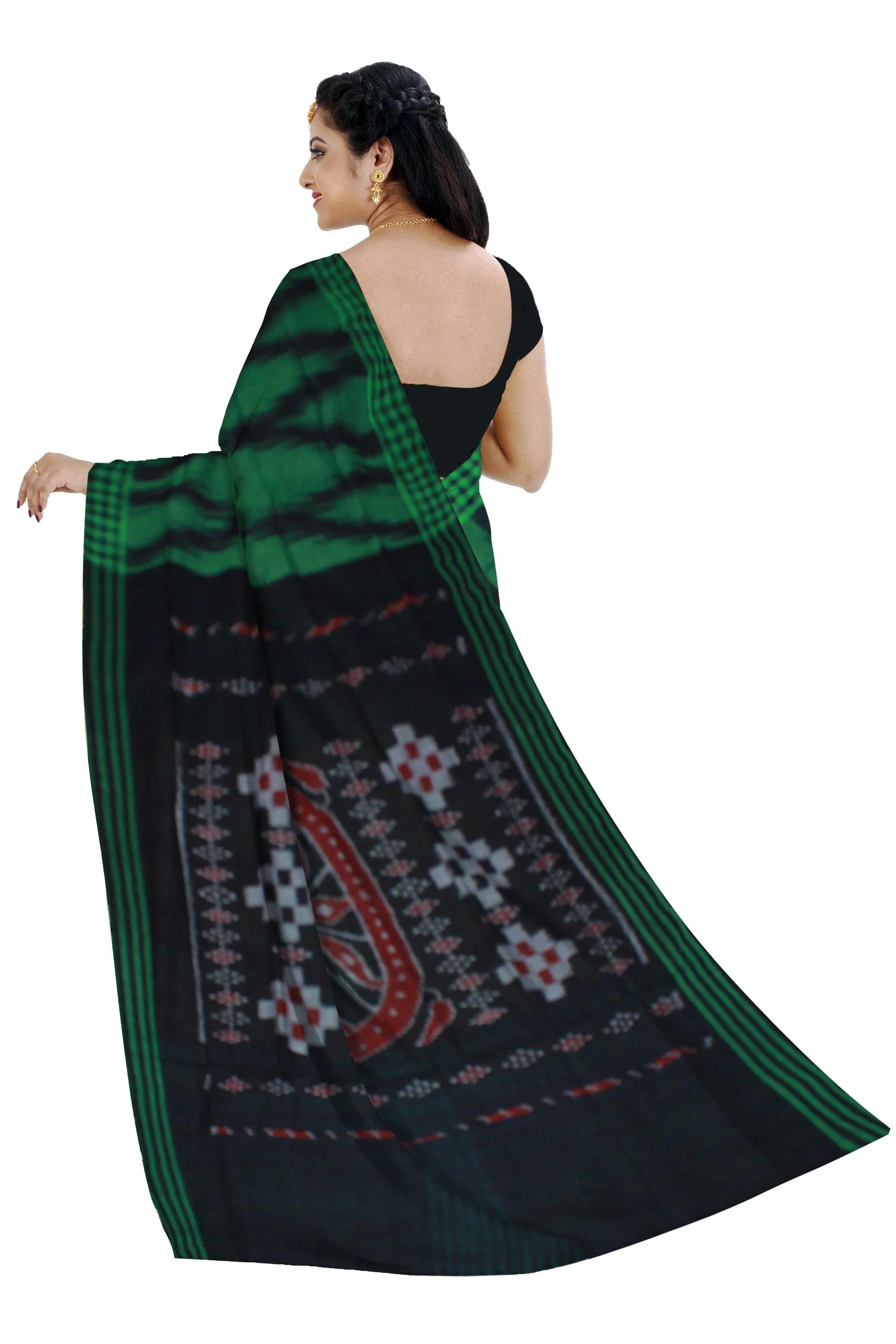 Green and black color Sambalpuri Fera Cotton Saree,without blouse piece. - Koshali Arts & Crafts Enterprise