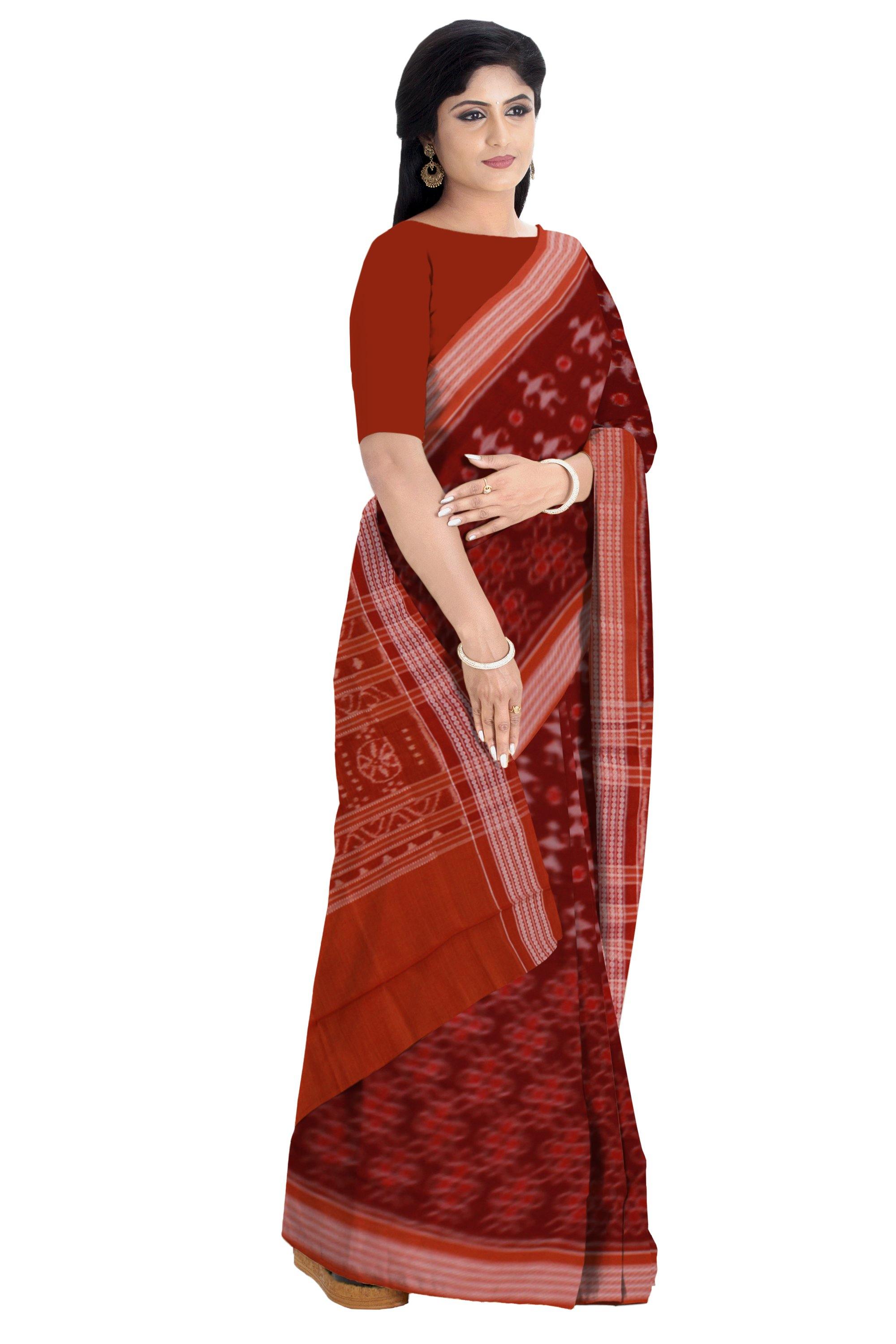 Maroon color Doll and flora print Sambalpuri IKAT saree without Blouse piece - Koshali Arts & Crafts Enterprise