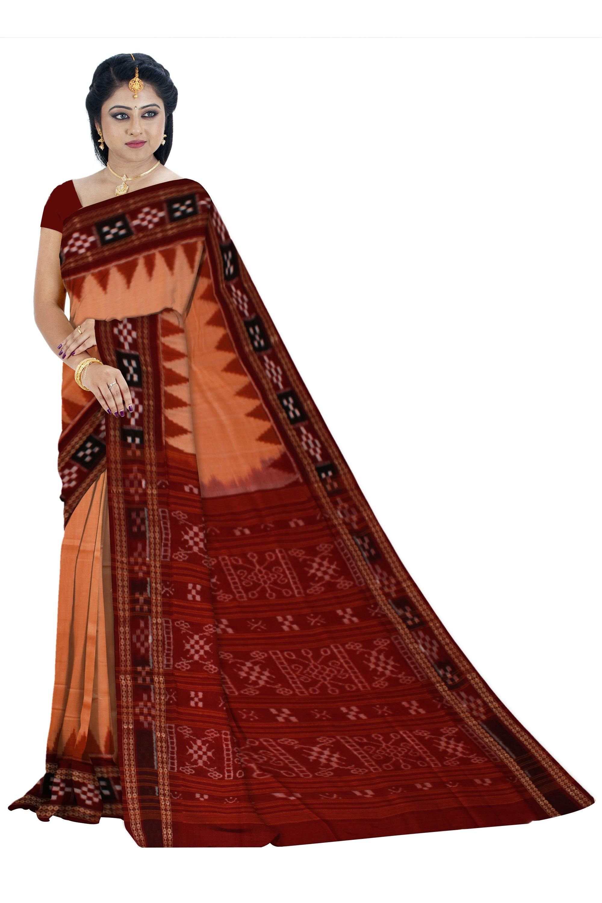 Peach color Plain body dhadi sapta ( sapta print in border) saree without Blouse piece - Koshali Arts & Crafts Enterprise