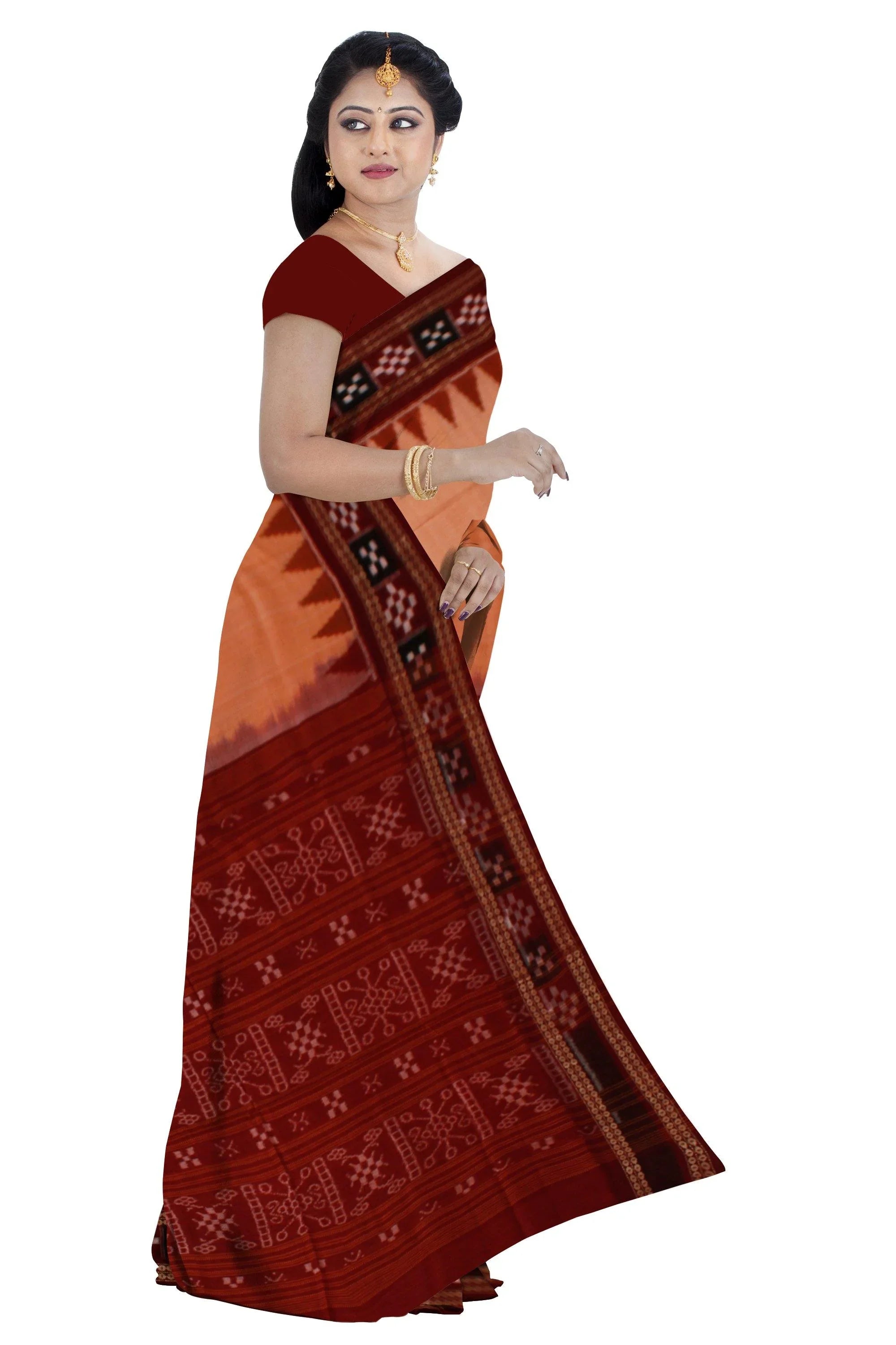 Peach color Plain body dhadi sapta ( sapta print in border) saree without Blouse piece - Koshali Arts & Crafts Enterprise