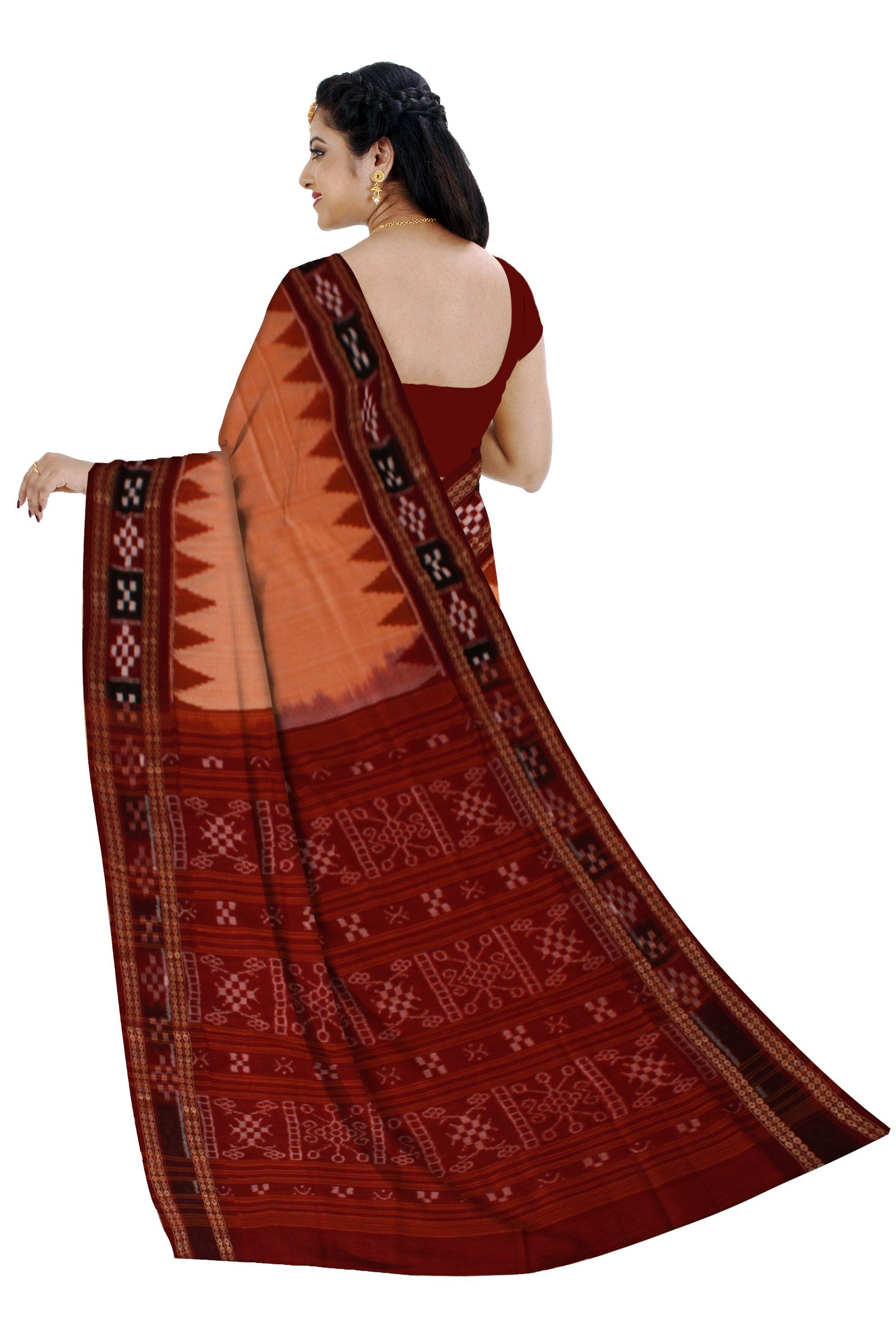 Peach color Plain body dhadi sapta ( sapta print in border) saree without Blouse piece - Koshali Arts & Crafts Enterprise