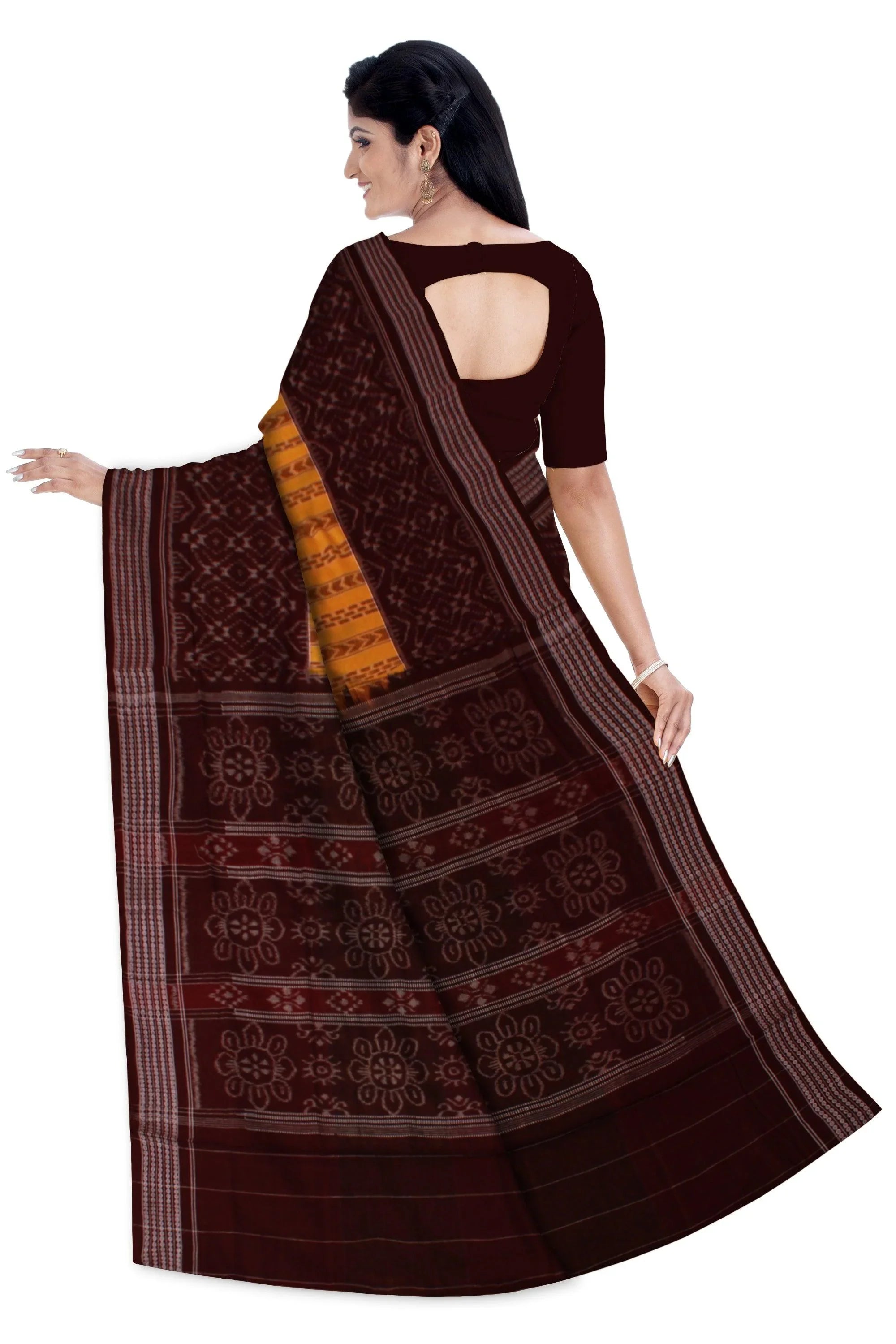 Yellow and Brown Mix flora print cotton Sambalpuri saree without Blouse piece. - Koshali Arts & Crafts Enterprise