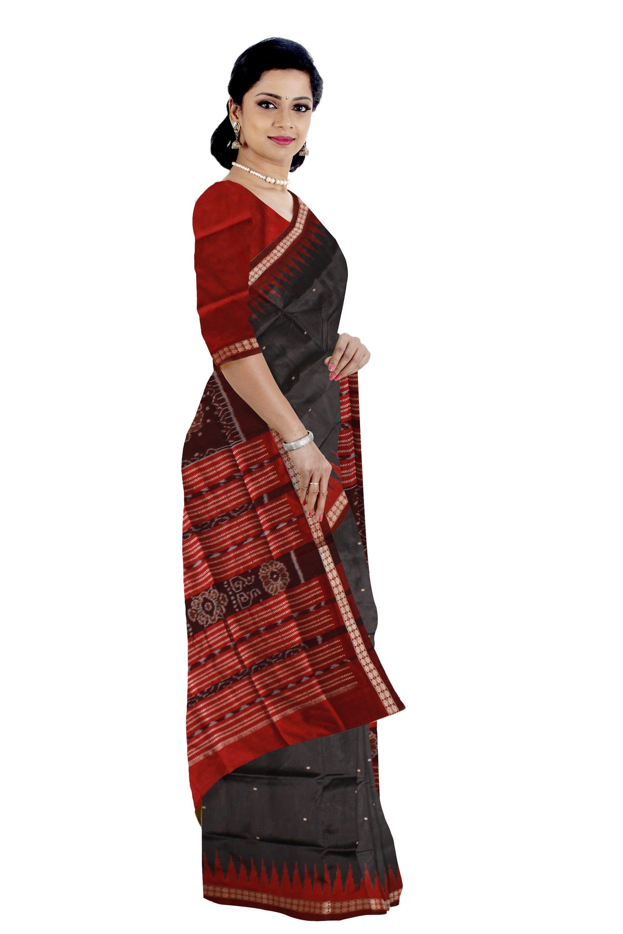 Black color buti pattern pata saree with red border available with blouse piece - Koshali Arts & Crafts Enterprise