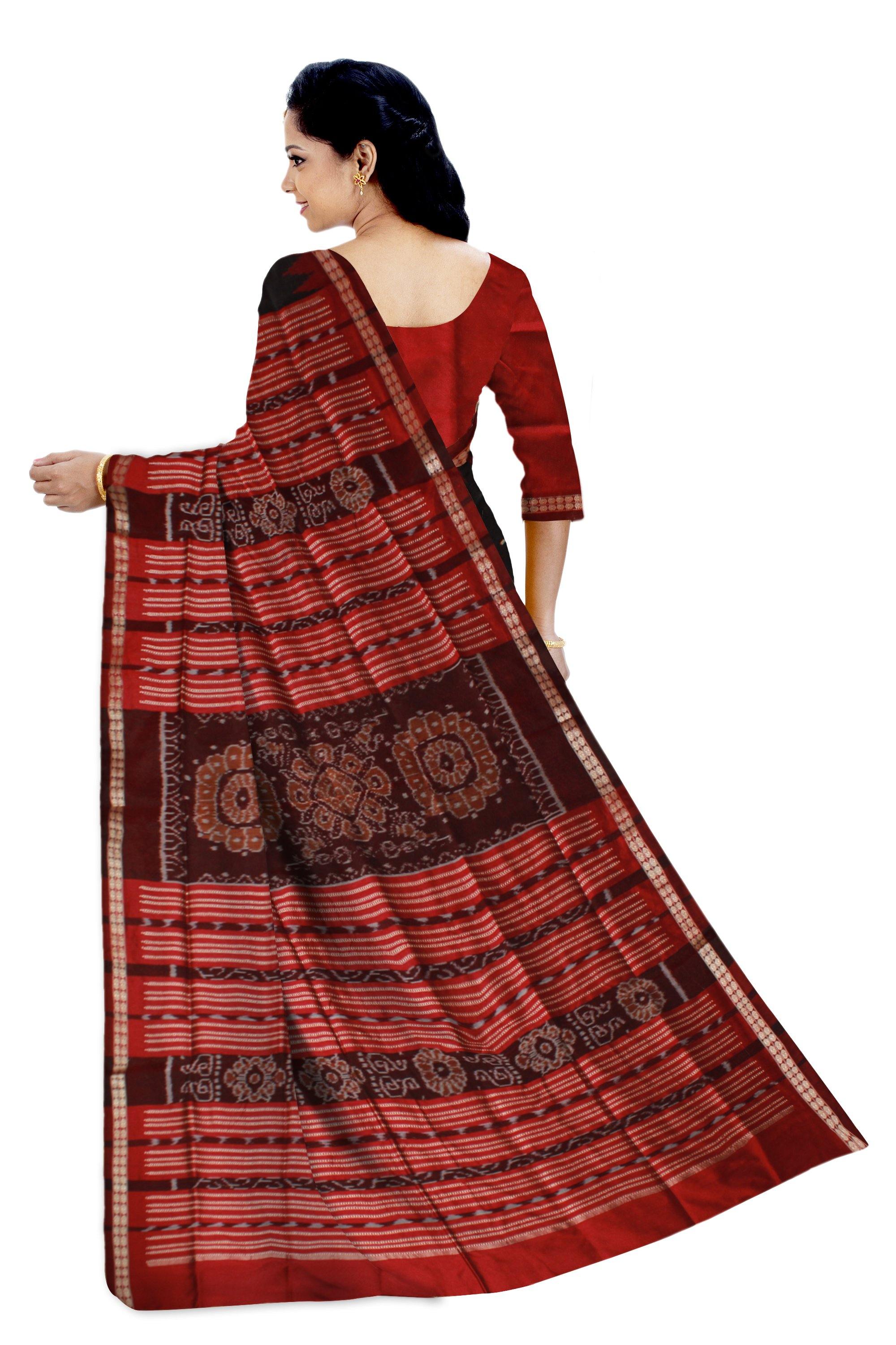 Black color buti pattern pata saree with red border available with blouse piece - Koshali Arts & Crafts Enterprise
