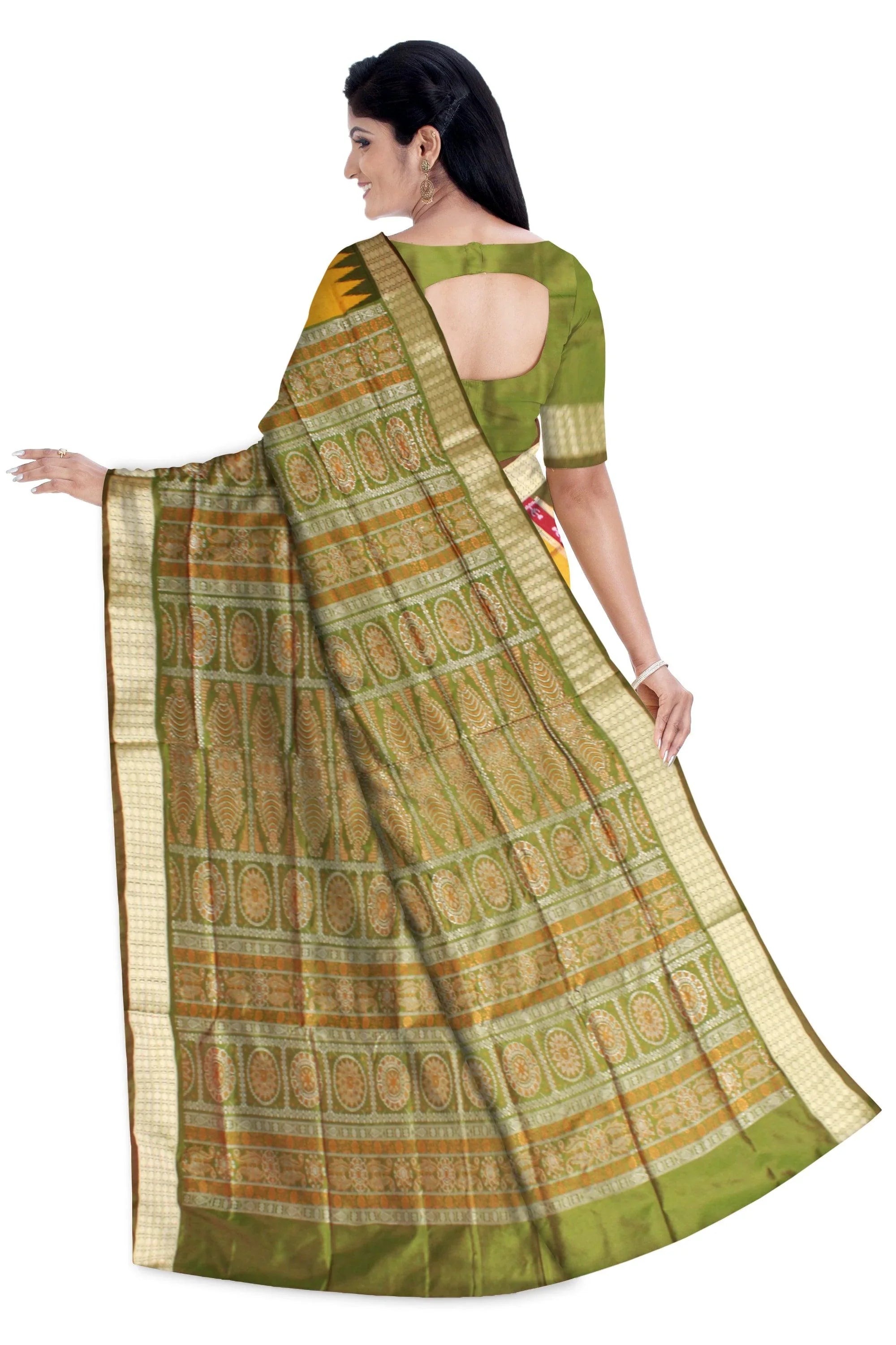 Yellow Color pata saree with green border. Available with blouse piece. - Koshali Arts & Crafts Enterprise