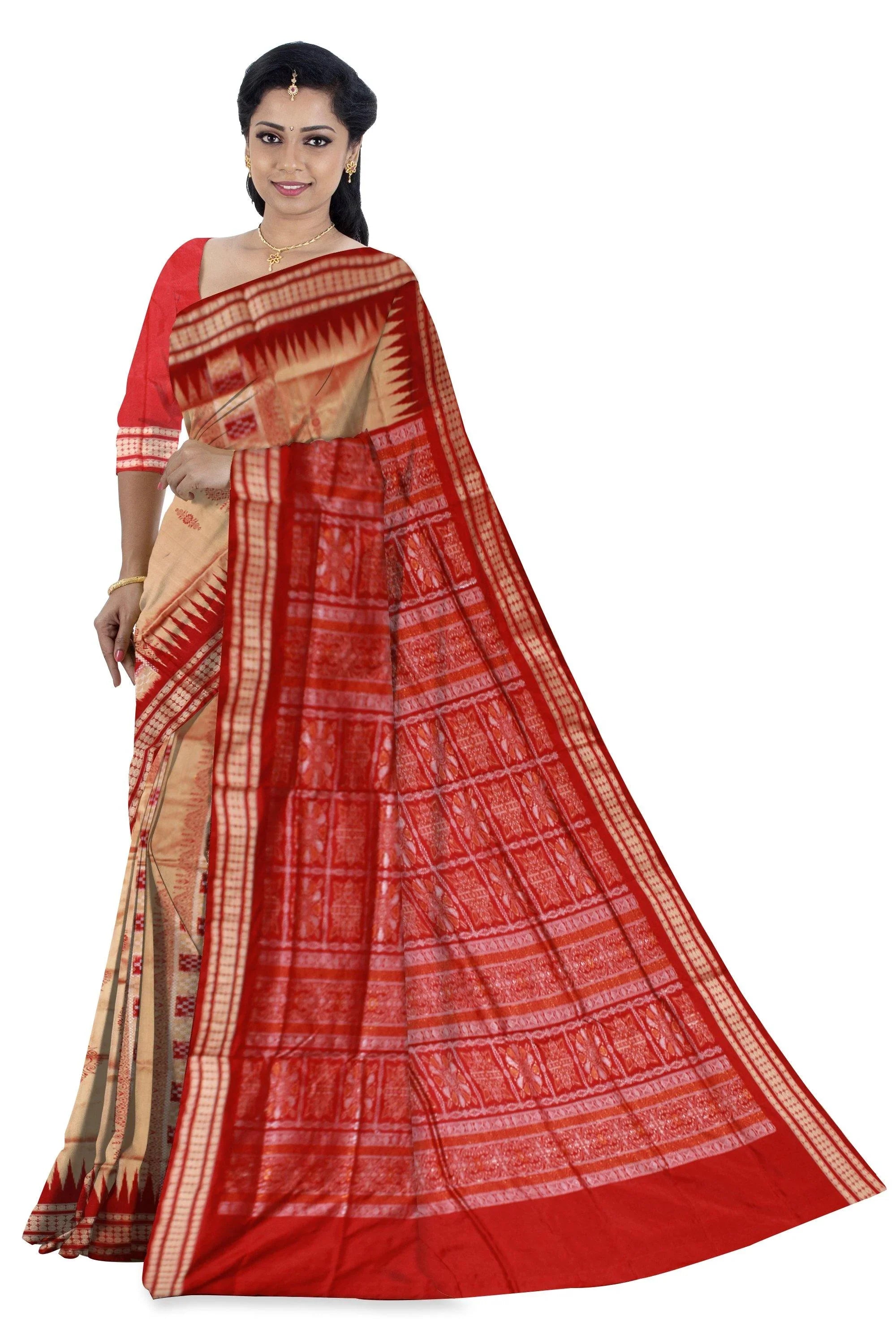 Sonepur chandua pasapali pata saree in chandan and red color. - Koshali Arts & Crafts Enterprise