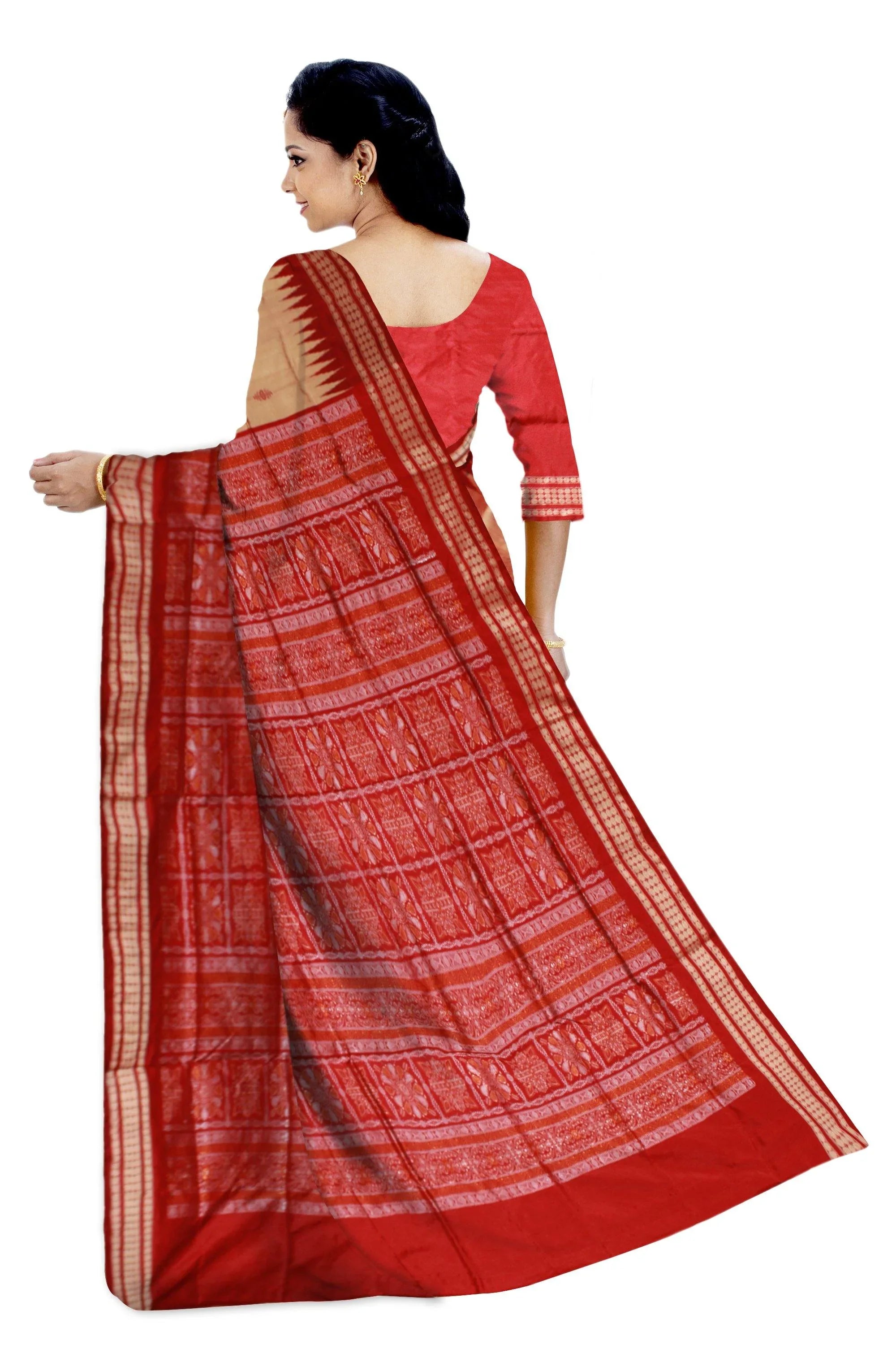 Sonepur chandua pasapali pata saree in chandan and red color. - Koshali Arts & Crafts Enterprise