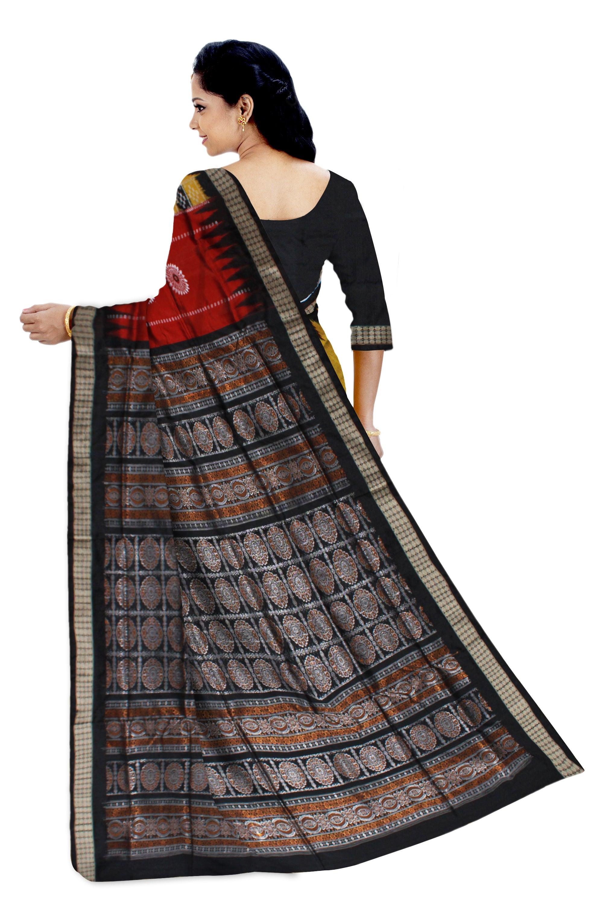 Yellow and maroon mix Sambalpuri pata saree with pasapali, and bomkei print in body - Koshali Arts & Crafts Enterprise