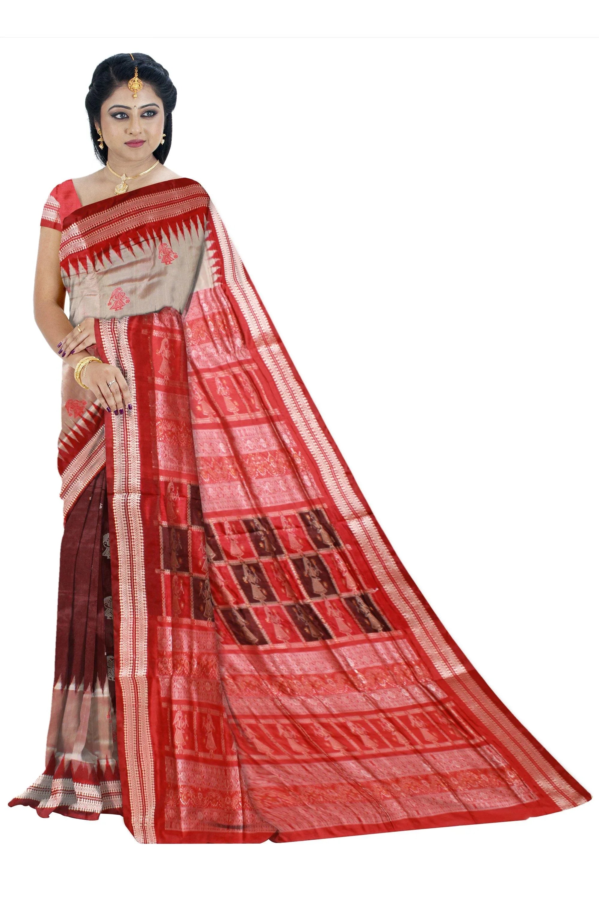Gray and Brown mix doll print pata saree with blouse piece. - Koshali Arts & Crafts Enterprise