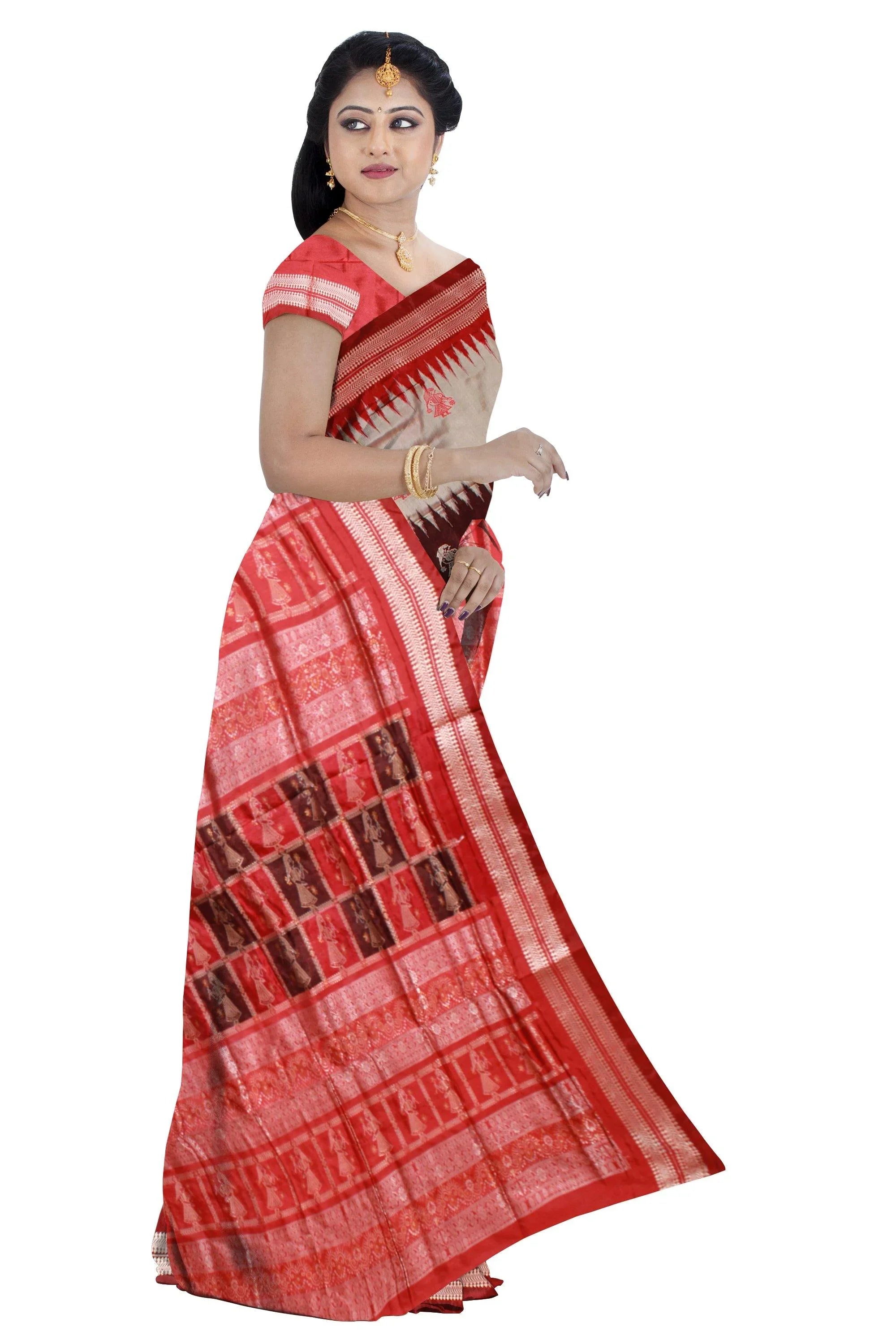 Gray and Brown mix doll print pata saree with blouse piece. - Koshali Arts & Crafts Enterprise