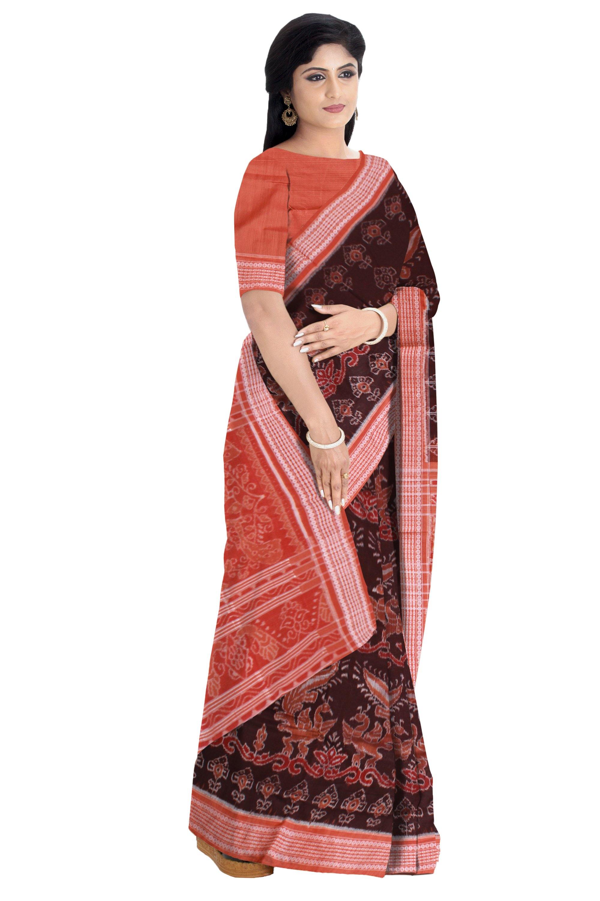 3D Mayuri pattern Brown IKAT saree with Blouse piece - Koshali Arts & Crafts Enterprise