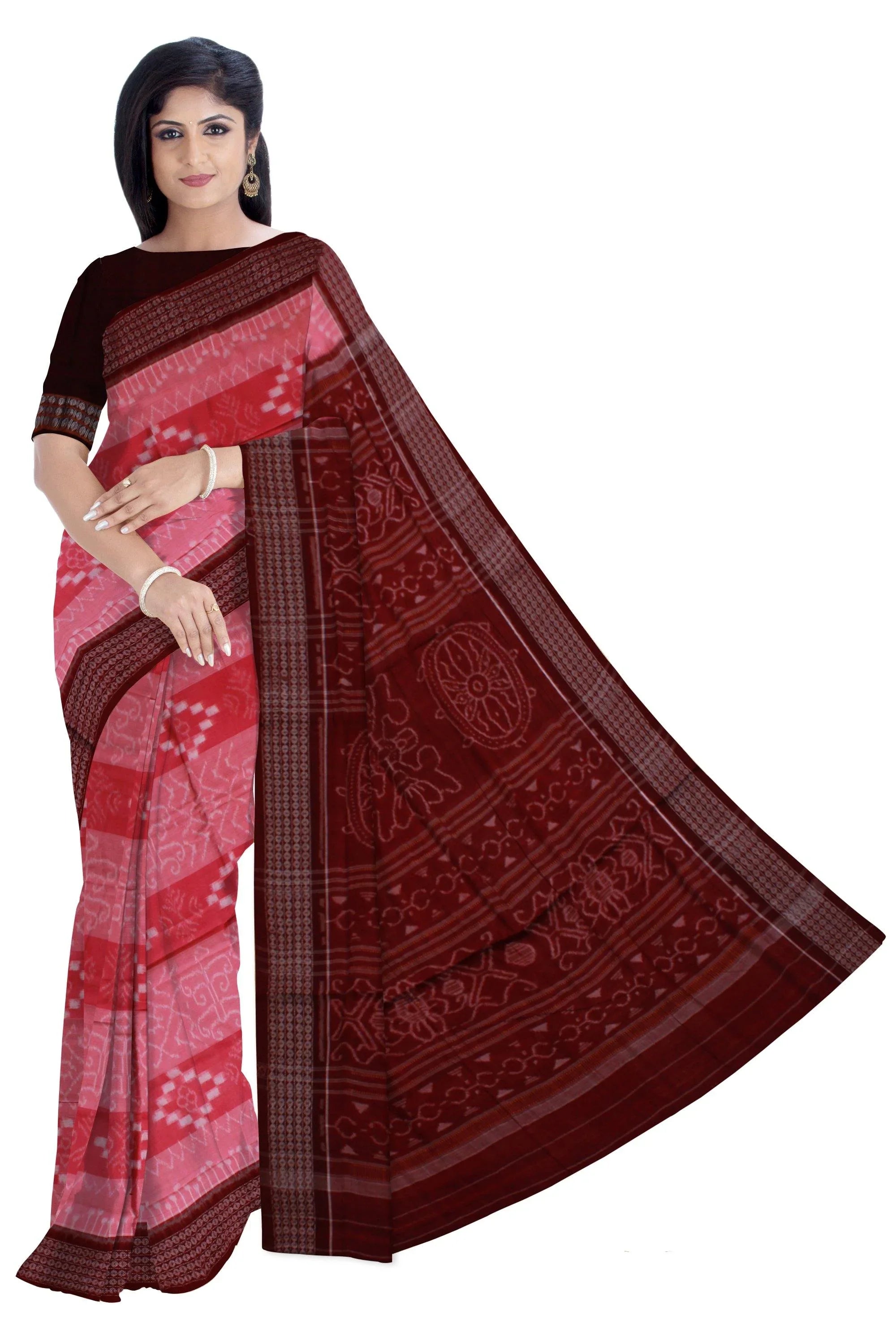 A Sambalpuri hand woven pink color saree, sapta print in body with out blouse piece - Koshali Arts & Crafts Enterprise