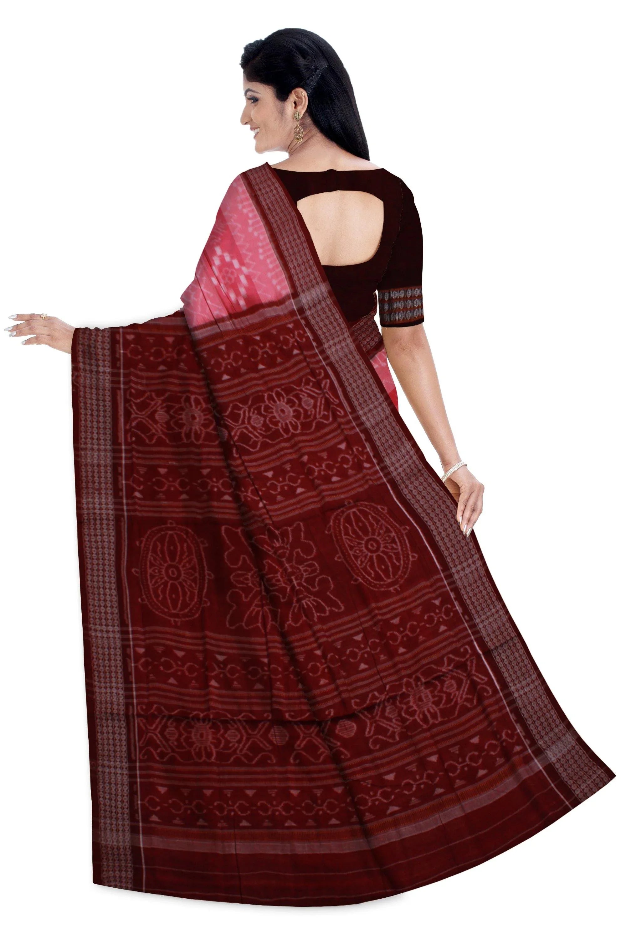 A Sambalpuri hand woven pink color saree, sapta print in body with out blouse piece - Koshali Arts & Crafts Enterprise