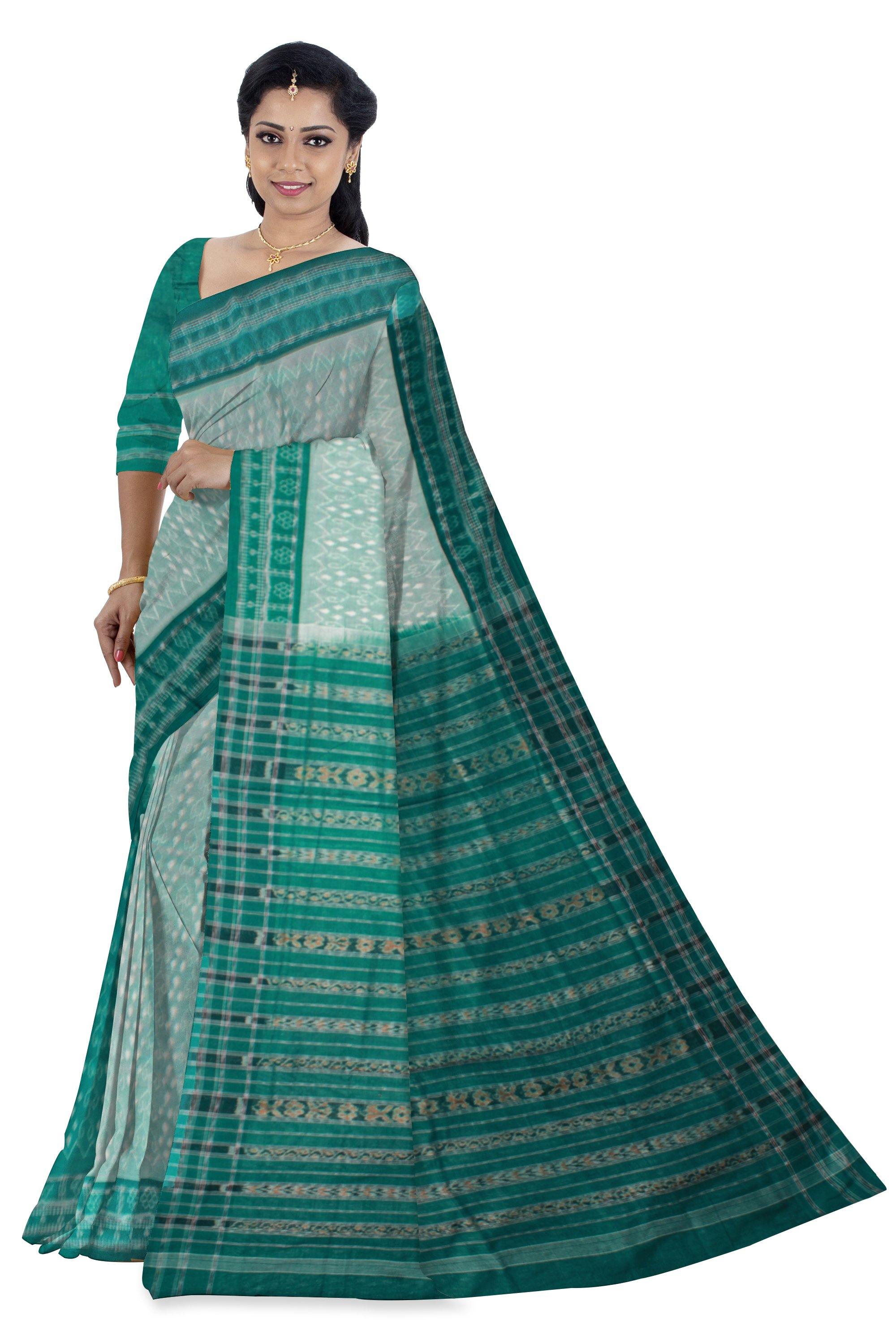 An Sambalpuri handwoven cotton saree in light green color with blouse piece - Koshali Arts & Crafts Enterprise