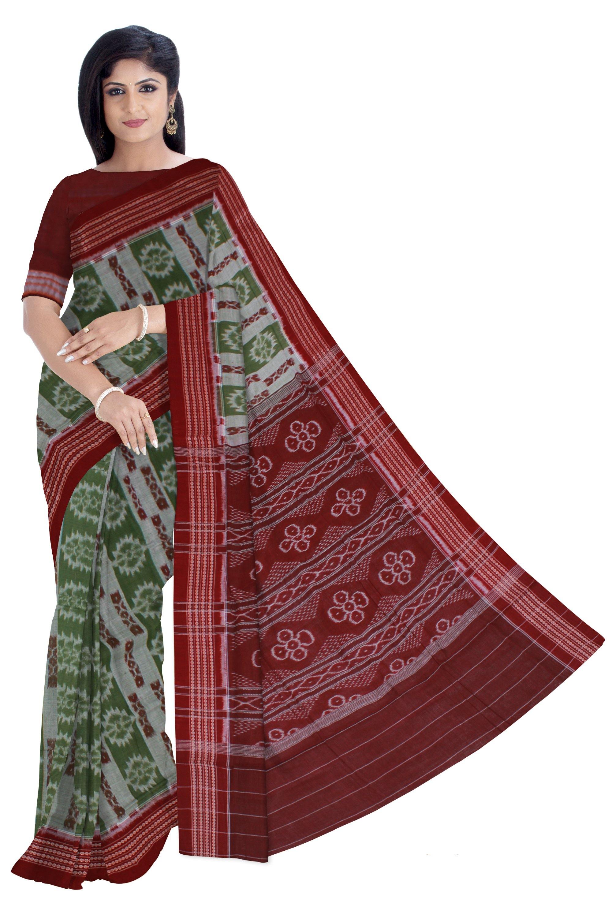 An Sambalpuri pure cotton saree in green and gray color with chakra print with blouse piece - Koshali Arts & Crafts Enterprise