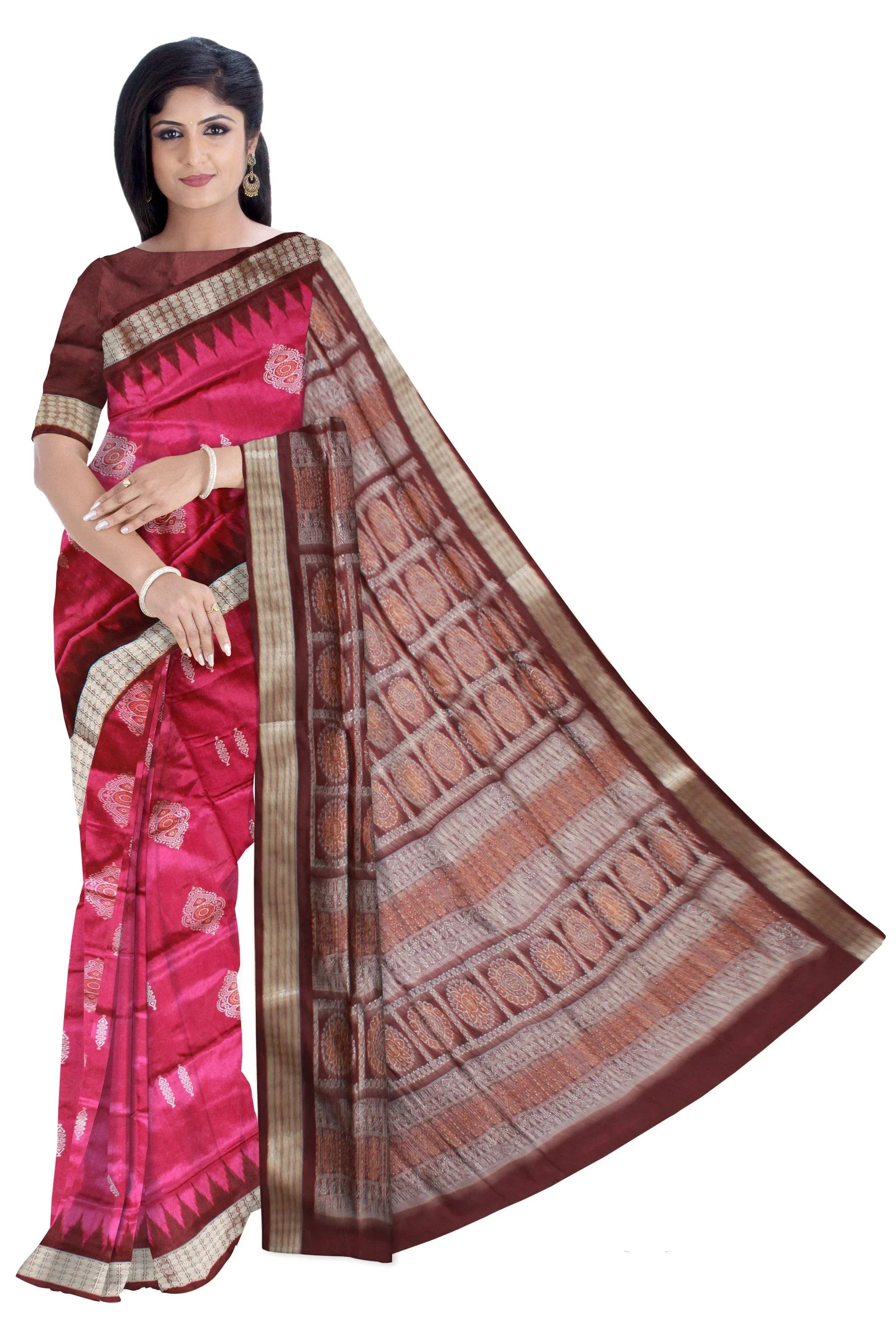 Pink and maroon color Padma pata saree with blouse piece. - Koshali Arts & Crafts Enterprise