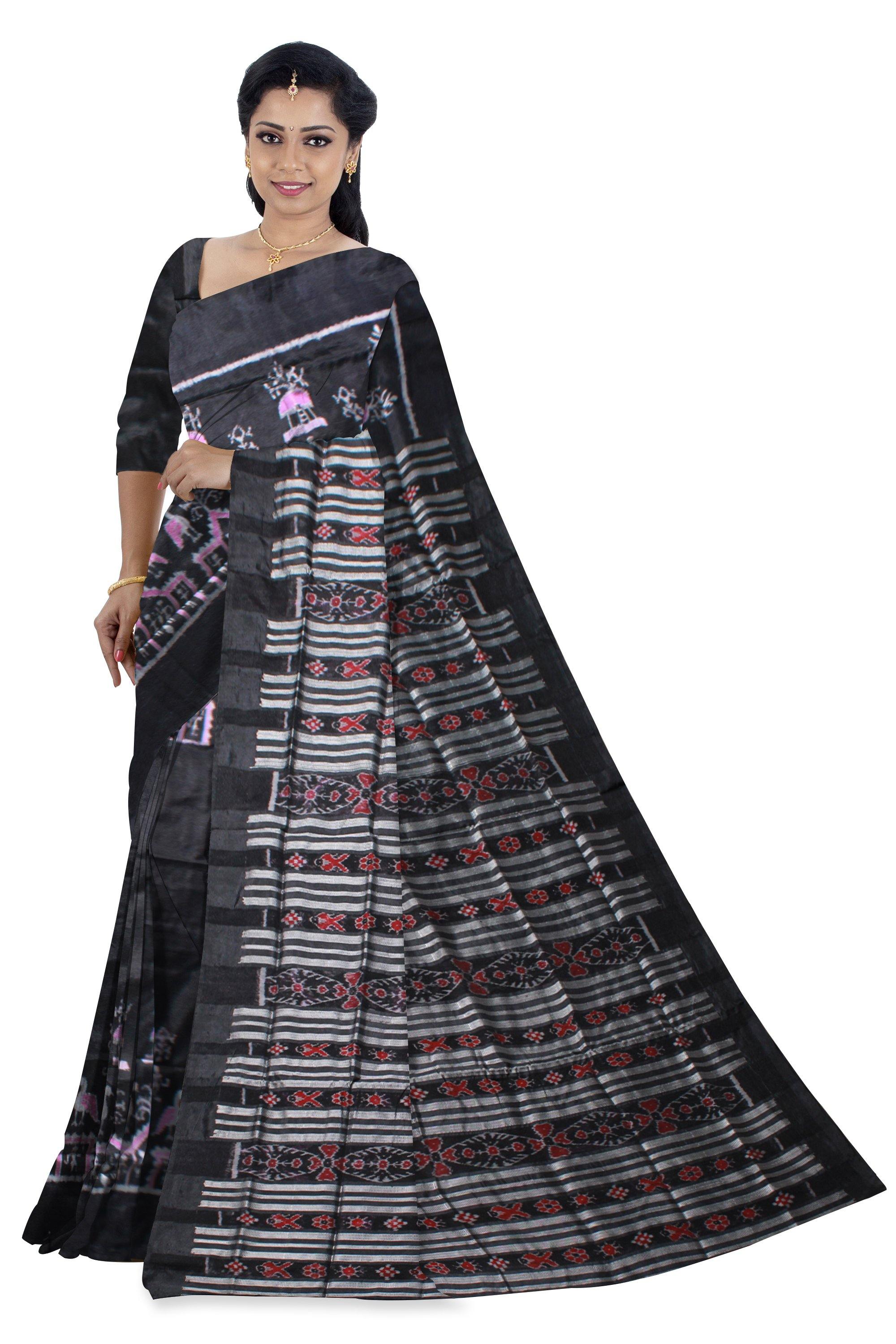 Black color terracotta design without border pata saree. Available with blouse piece - Koshali Arts & Crafts Enterprise