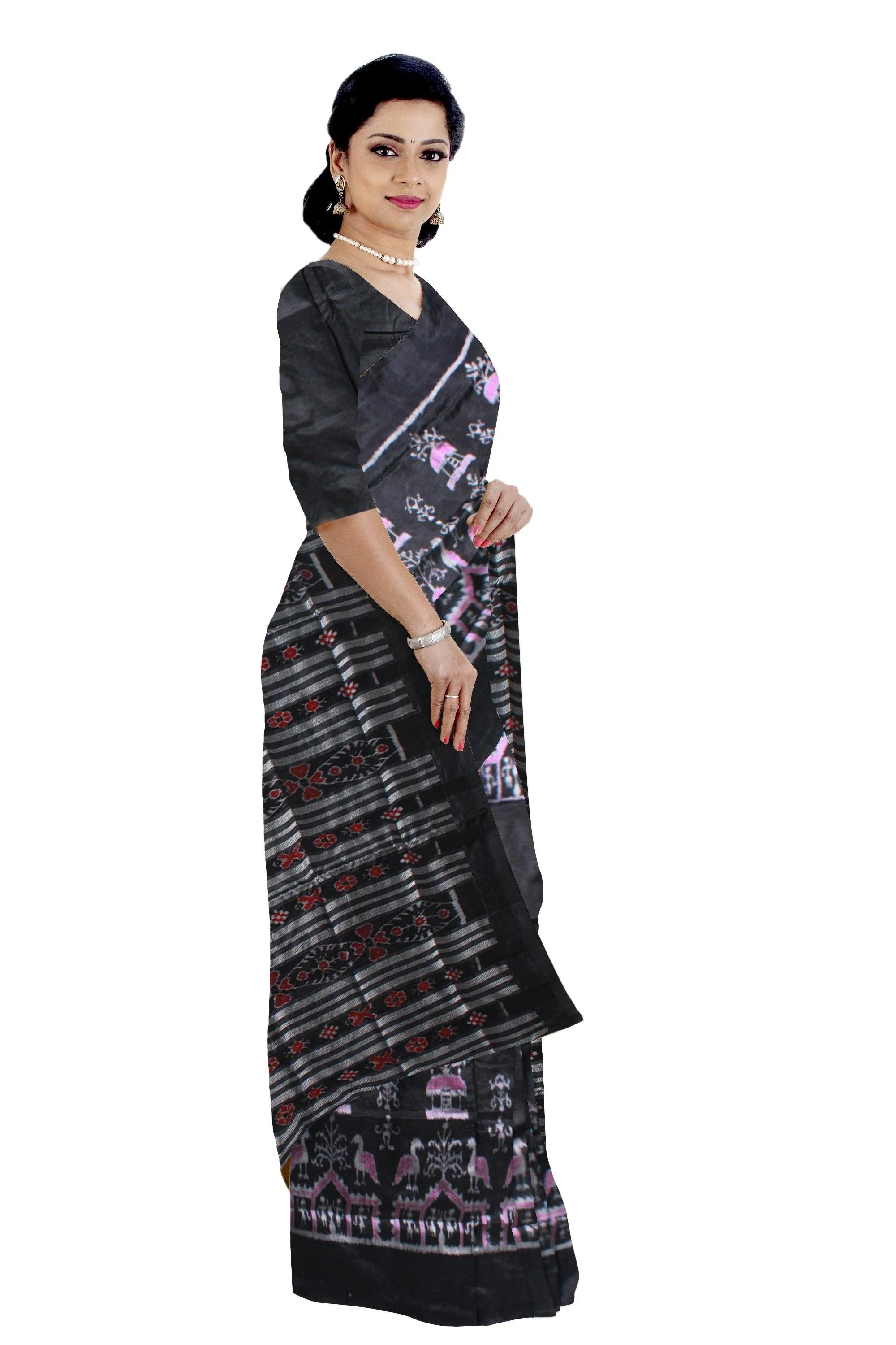 Black color terracotta design without border pata saree. Available with blouse piece - Koshali Arts & Crafts Enterprise