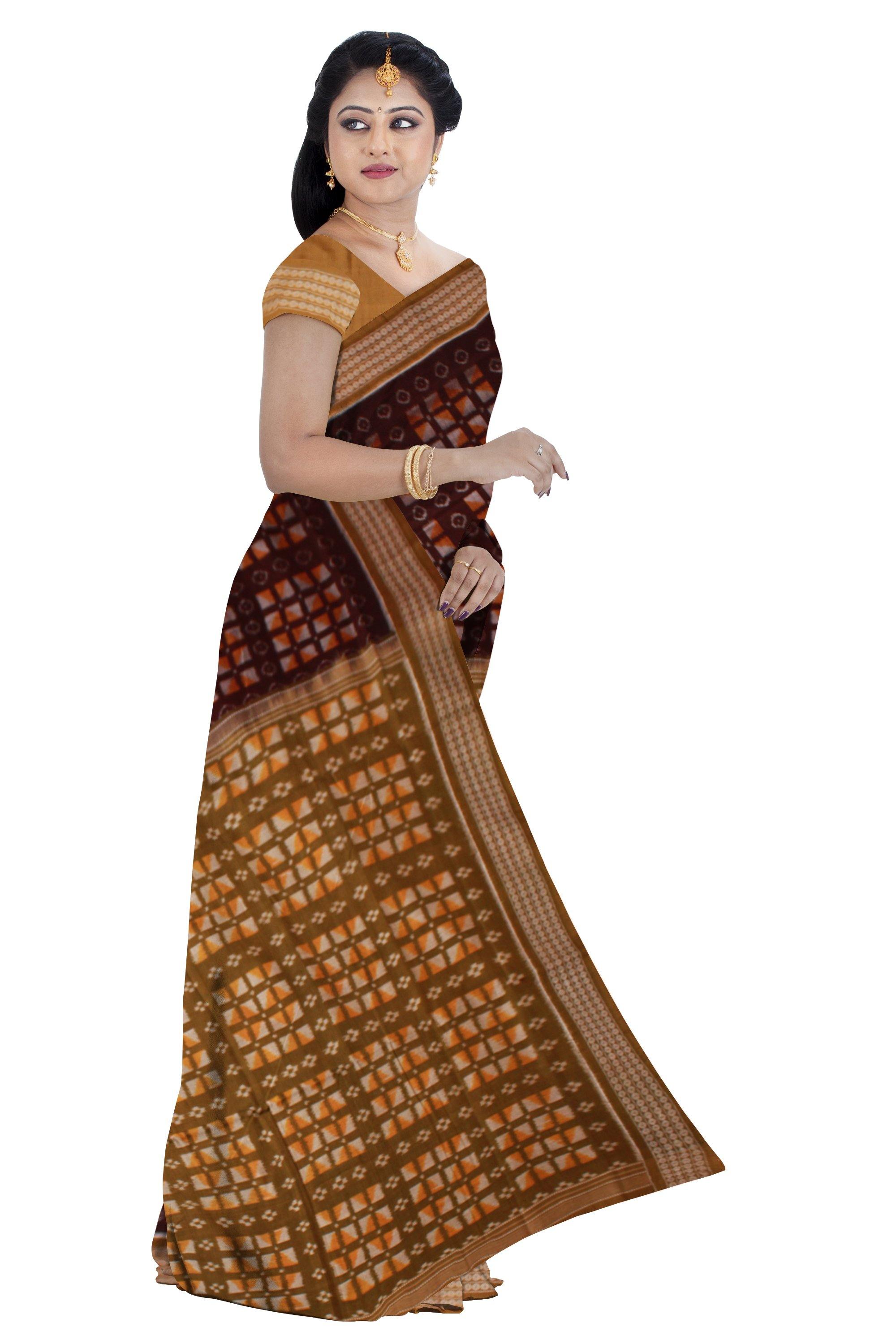 Latest design Brown color Box pattern Sambalpuri IKAT Saree with blouse piece. - Koshali Arts & Crafts Enterprise