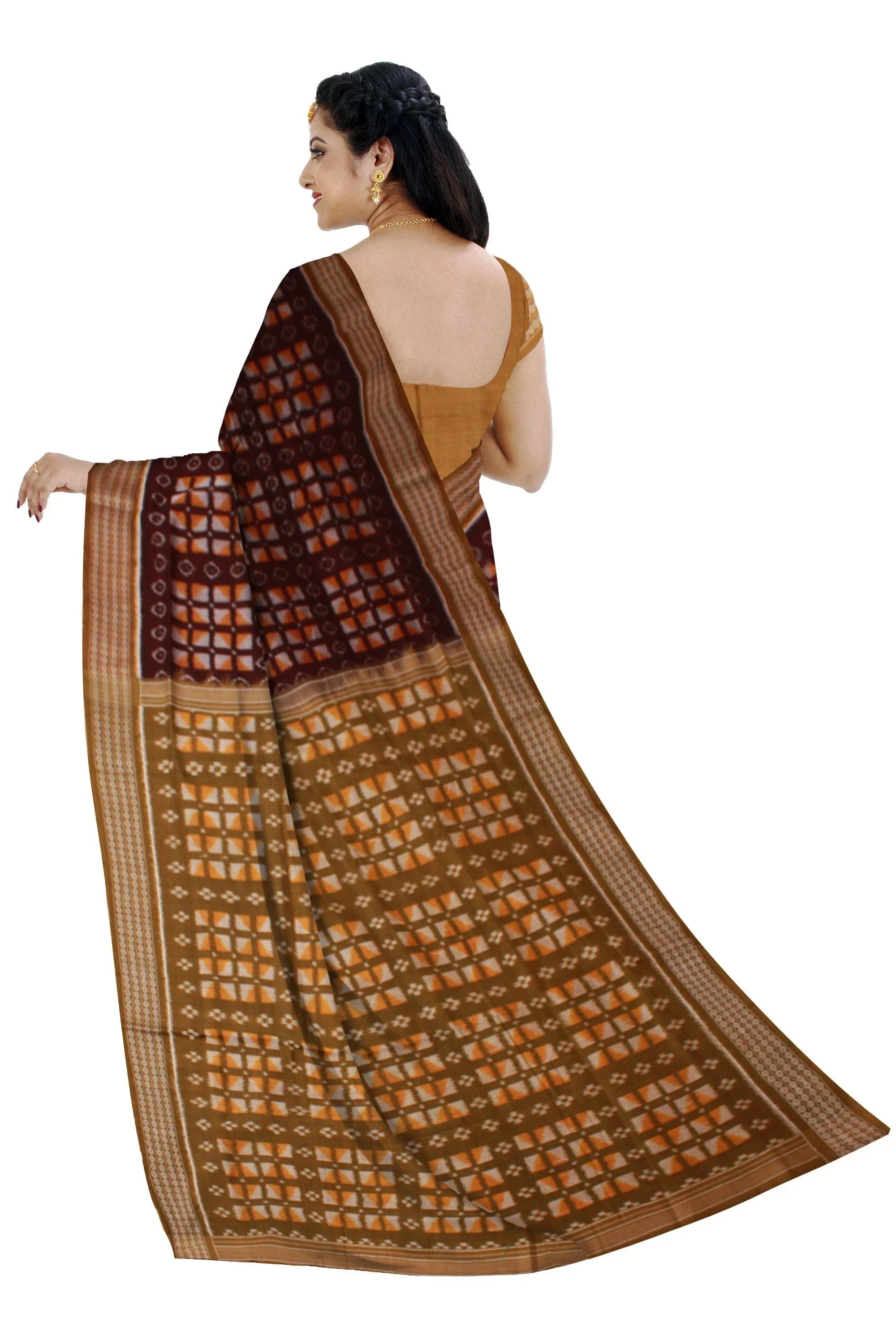 Latest design Brown color Box pattern Sambalpuri IKAT Saree with blouse piece. - Koshali Arts & Crafts Enterprise