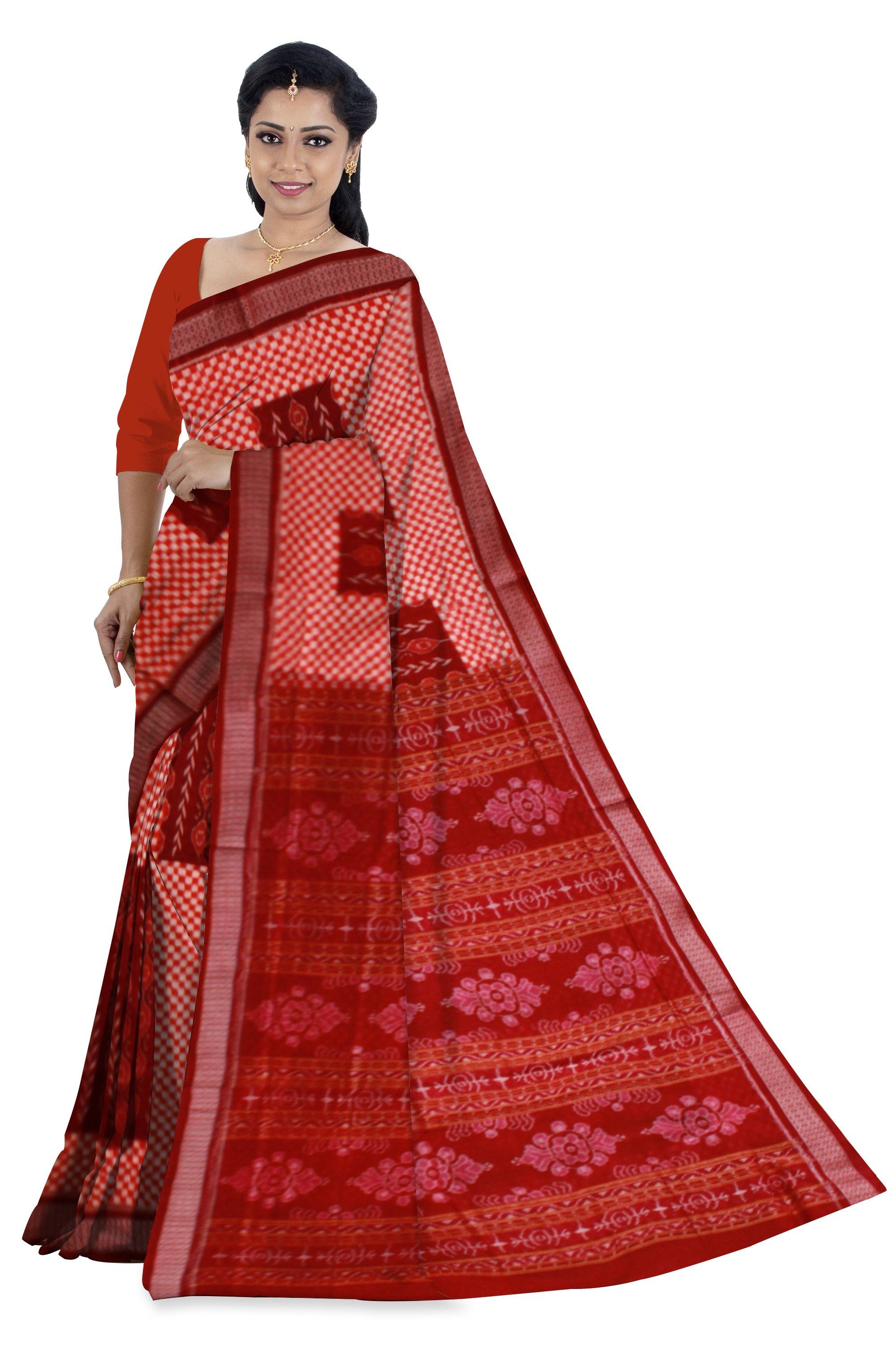 Exclusive Sambalpuri Pasapali saree with Sapta print body in orange and maroon color without blouse piece. - Koshali Arts & Crafts Enterprise