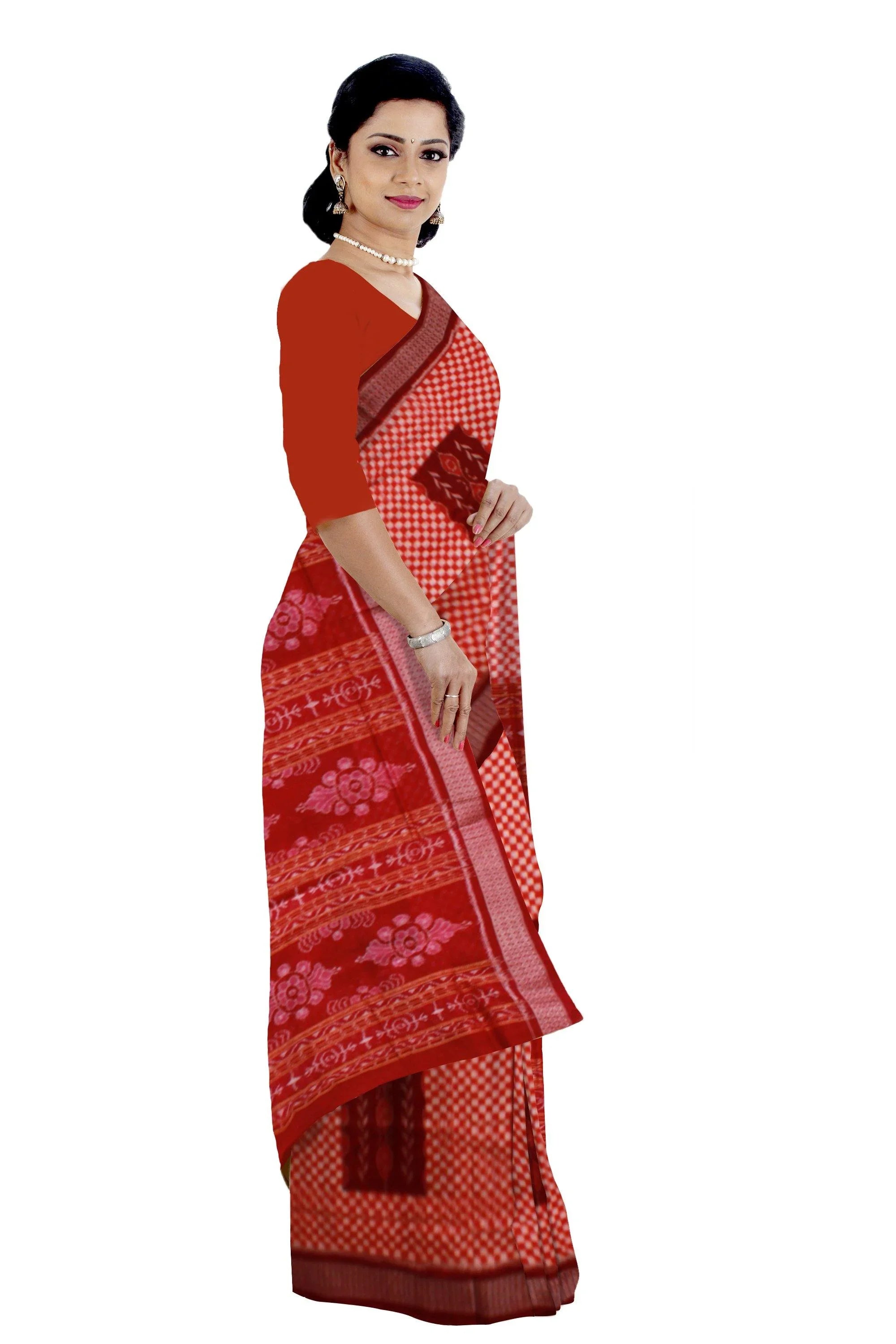 Exclusive Sambalpuri Pasapali saree with Sapta print body in orange and maroon color without blouse piece. - Koshali Arts & Crafts Enterprise