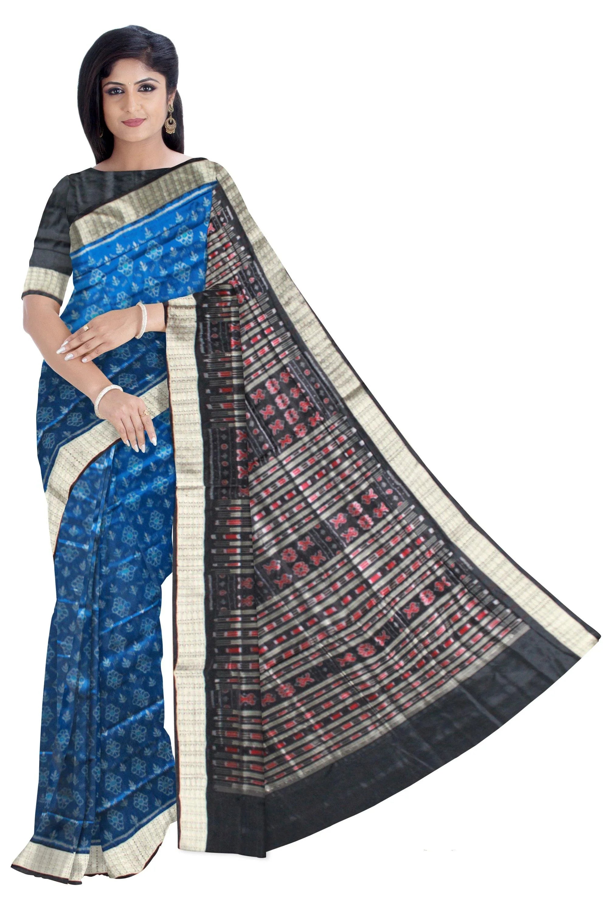 Authentic flora design pata saree in blue color with blouse piece. - Koshali Arts & Crafts Enterprise