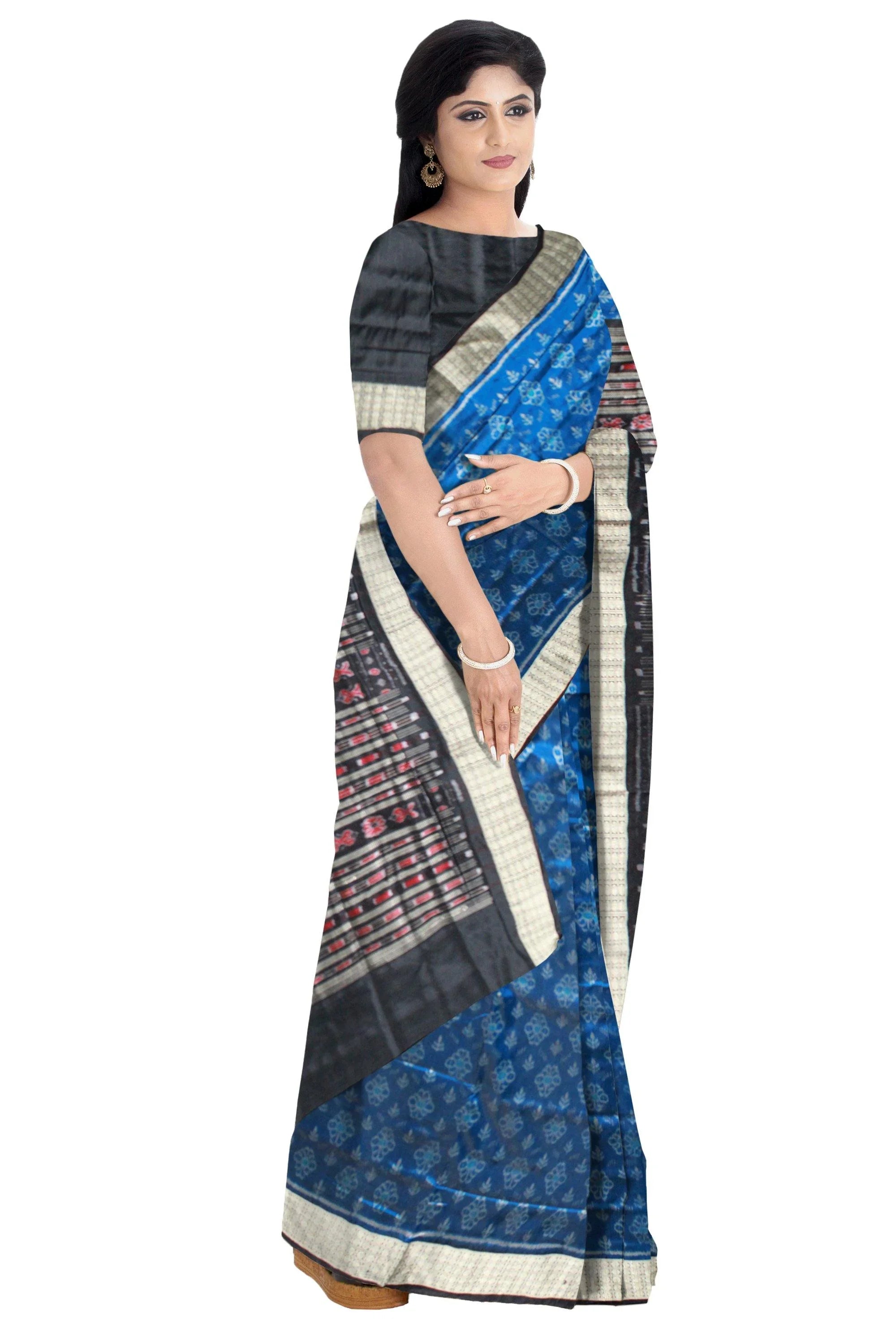 Authentic flora design pata saree in blue color with blouse piece. - Koshali Arts & Crafts Enterprise