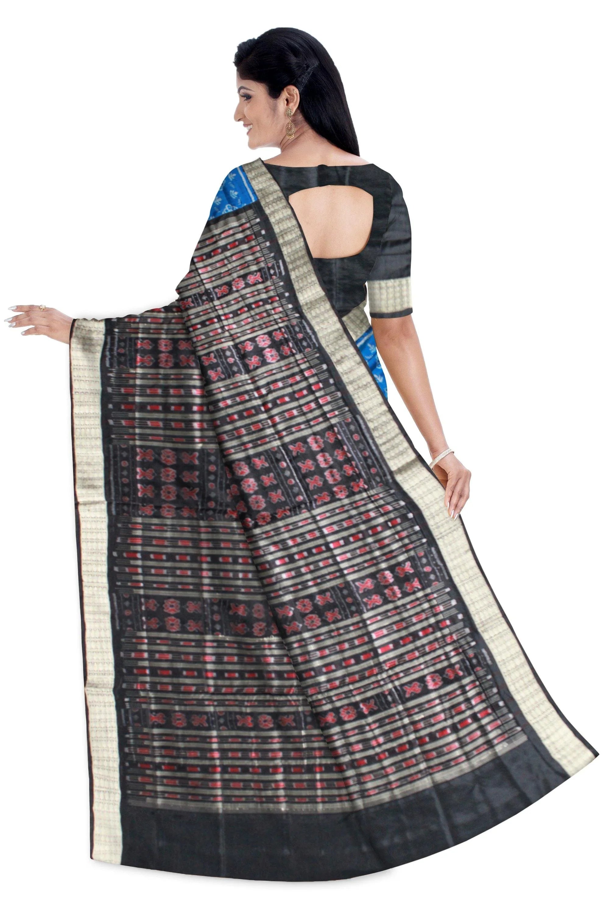 Authentic flora design pata saree in blue color with blouse piece. - Koshali Arts & Crafts Enterprise