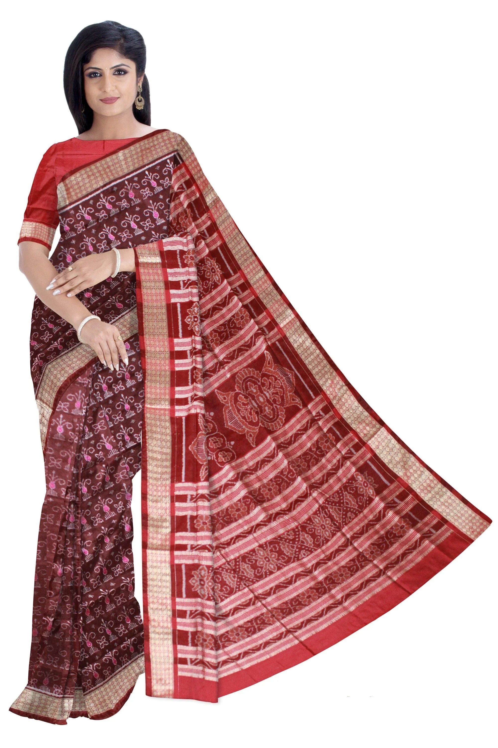 Coffee color flora print pure pata saree with blouse piece. - Koshali Arts & Crafts Enterprise