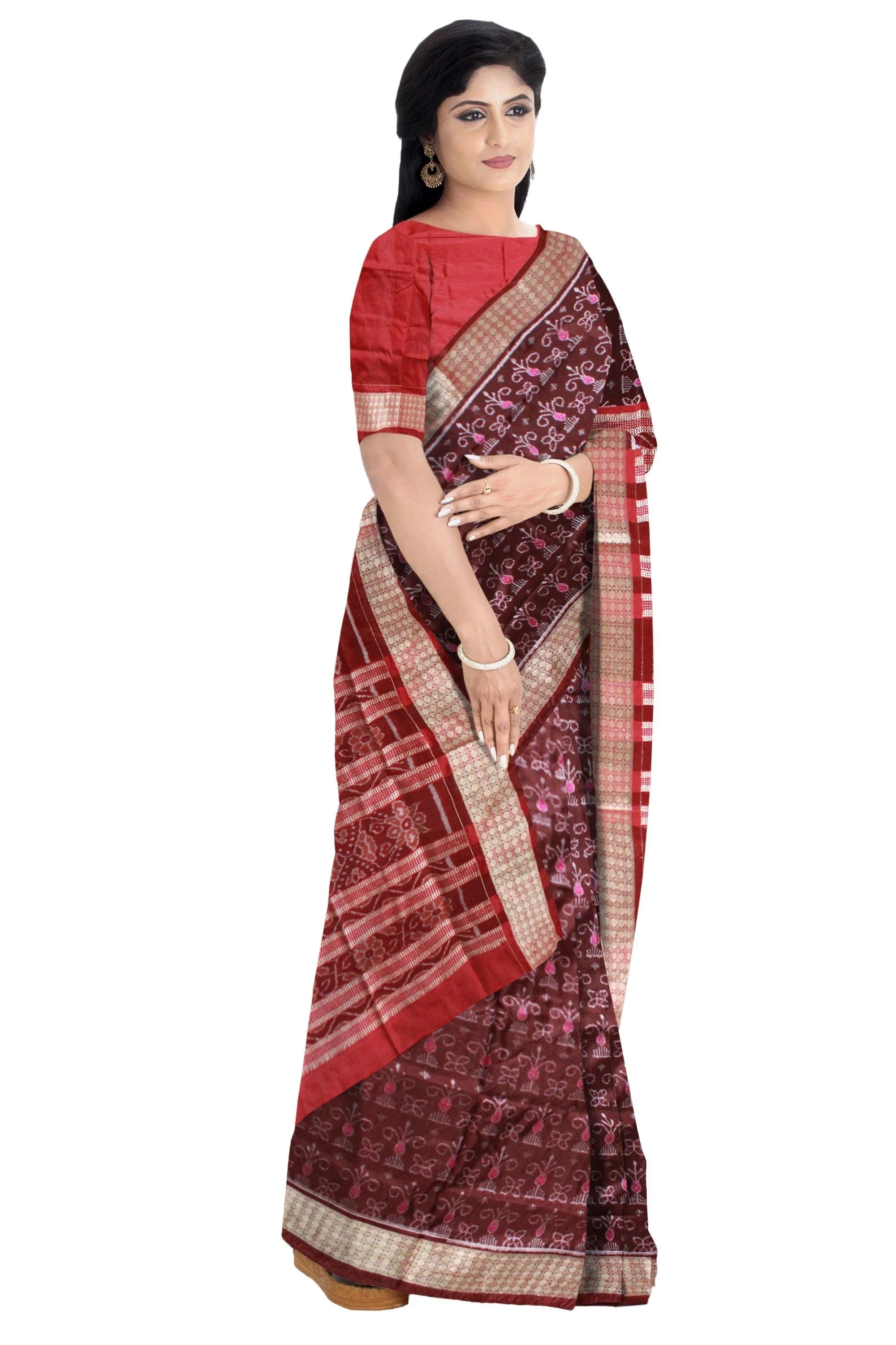 Coffee color flora print pure pata saree with blouse piece. - Koshali Arts & Crafts Enterprise