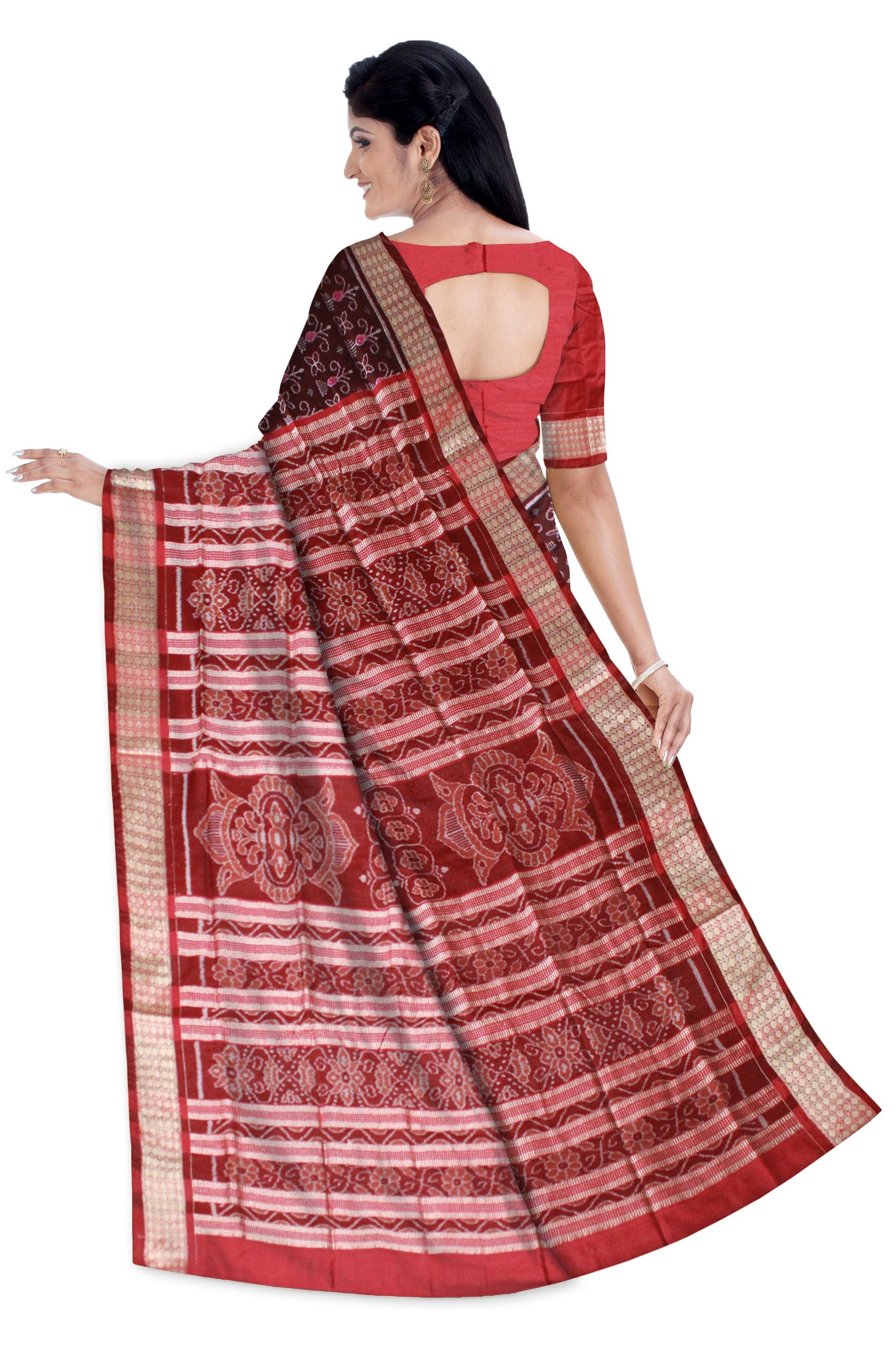 Coffee color flora print pure pata saree with blouse piece - Koshali Arts & Crafts Enterprise