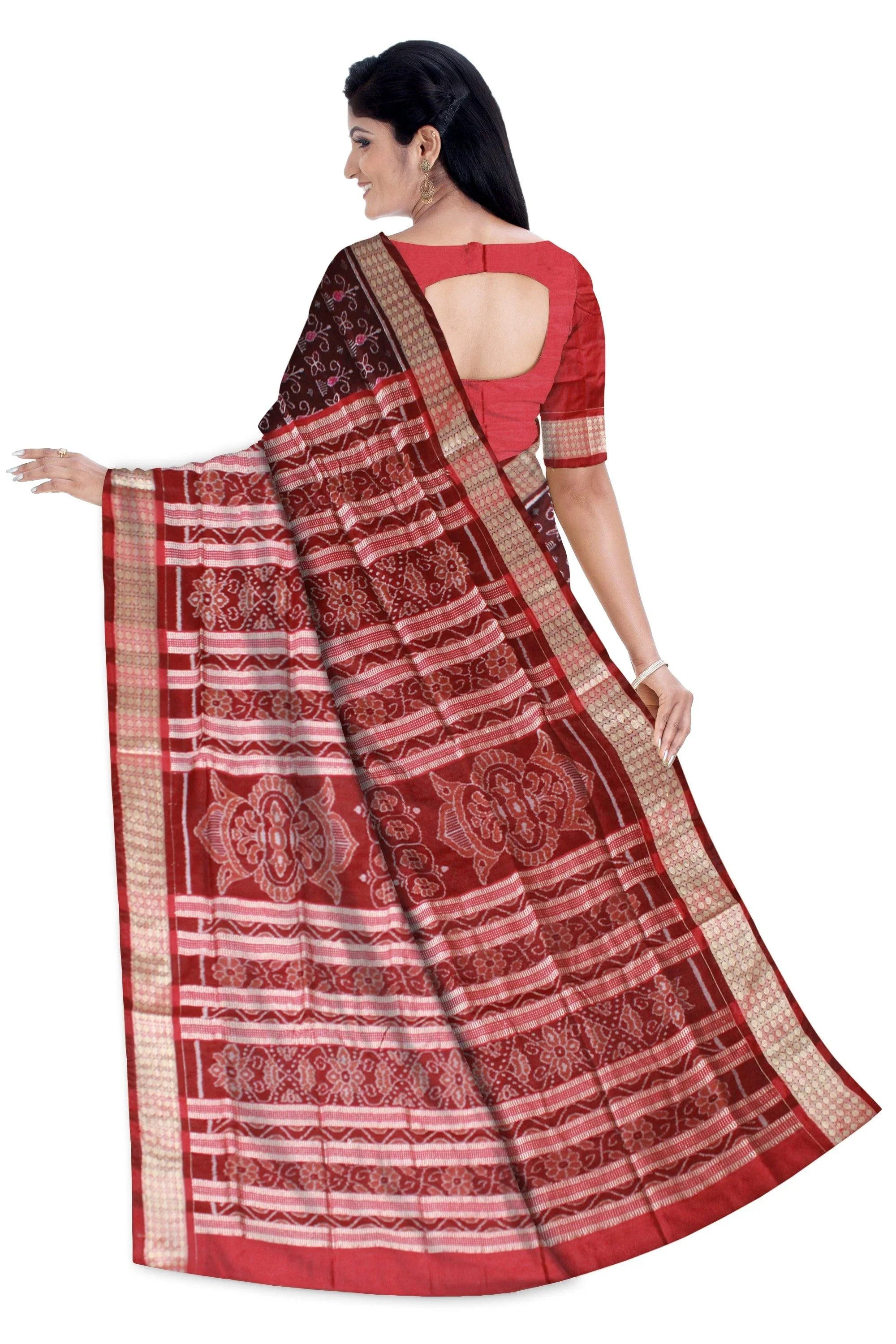 Coffee color flora print pure pata saree with blouse piece. - Koshali Arts & Crafts Enterprise