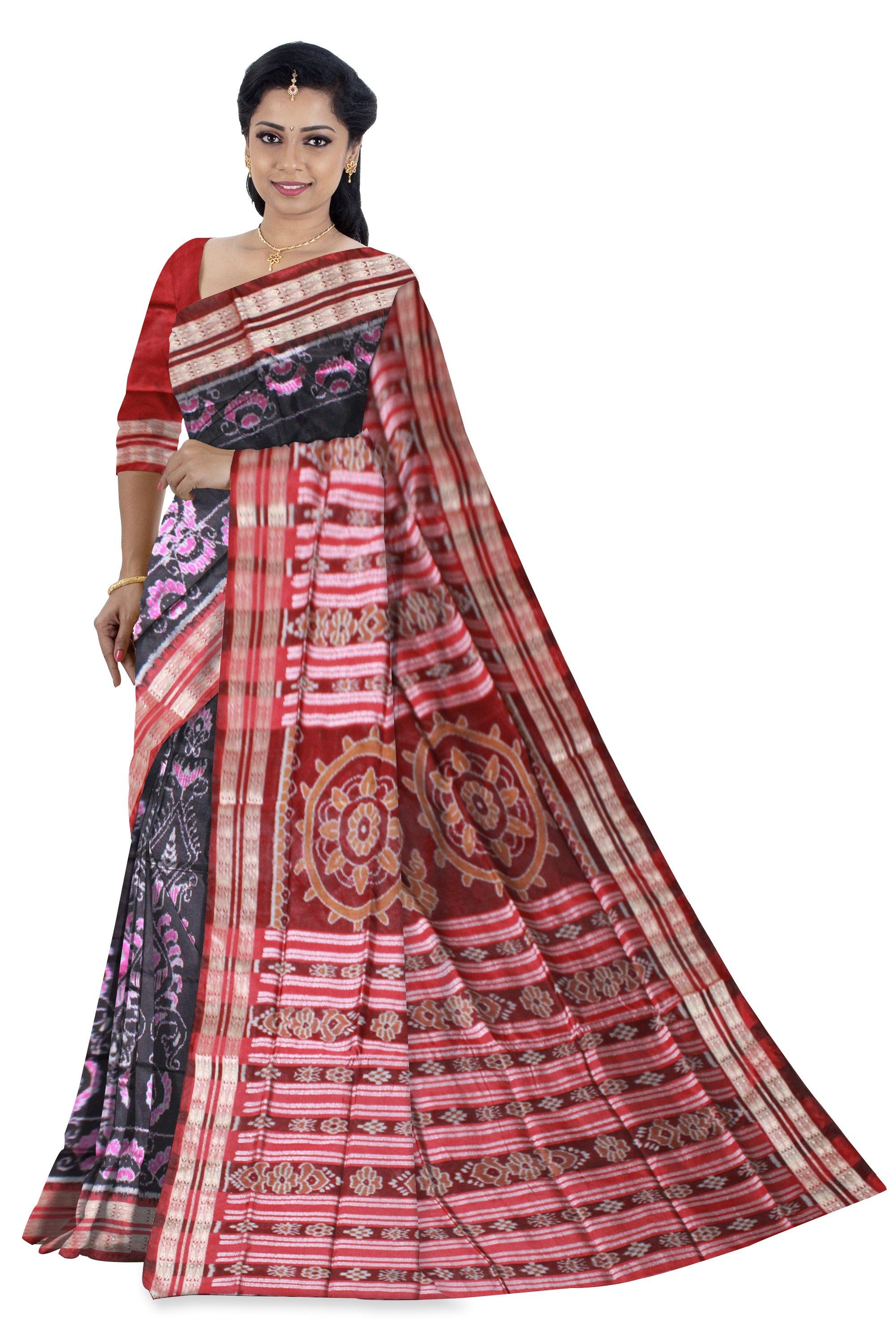 Black color flora design pata saree with blouse piece - Koshali Arts & Crafts Enterprise