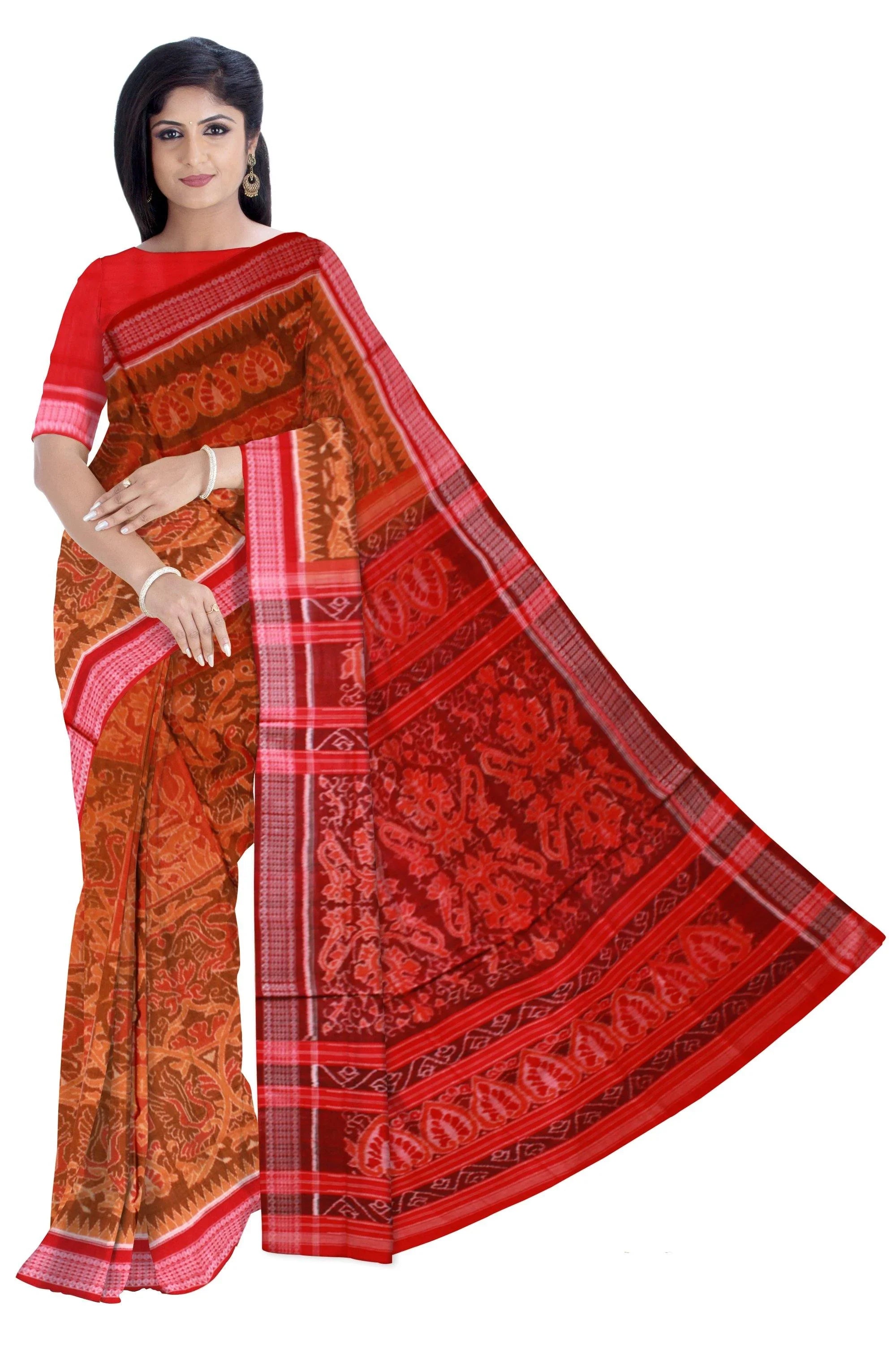 An authentic Sambalpuri cotton saree with fish and Swan print in yellow color with blouse piece - Koshali Arts & Crafts Enterprise